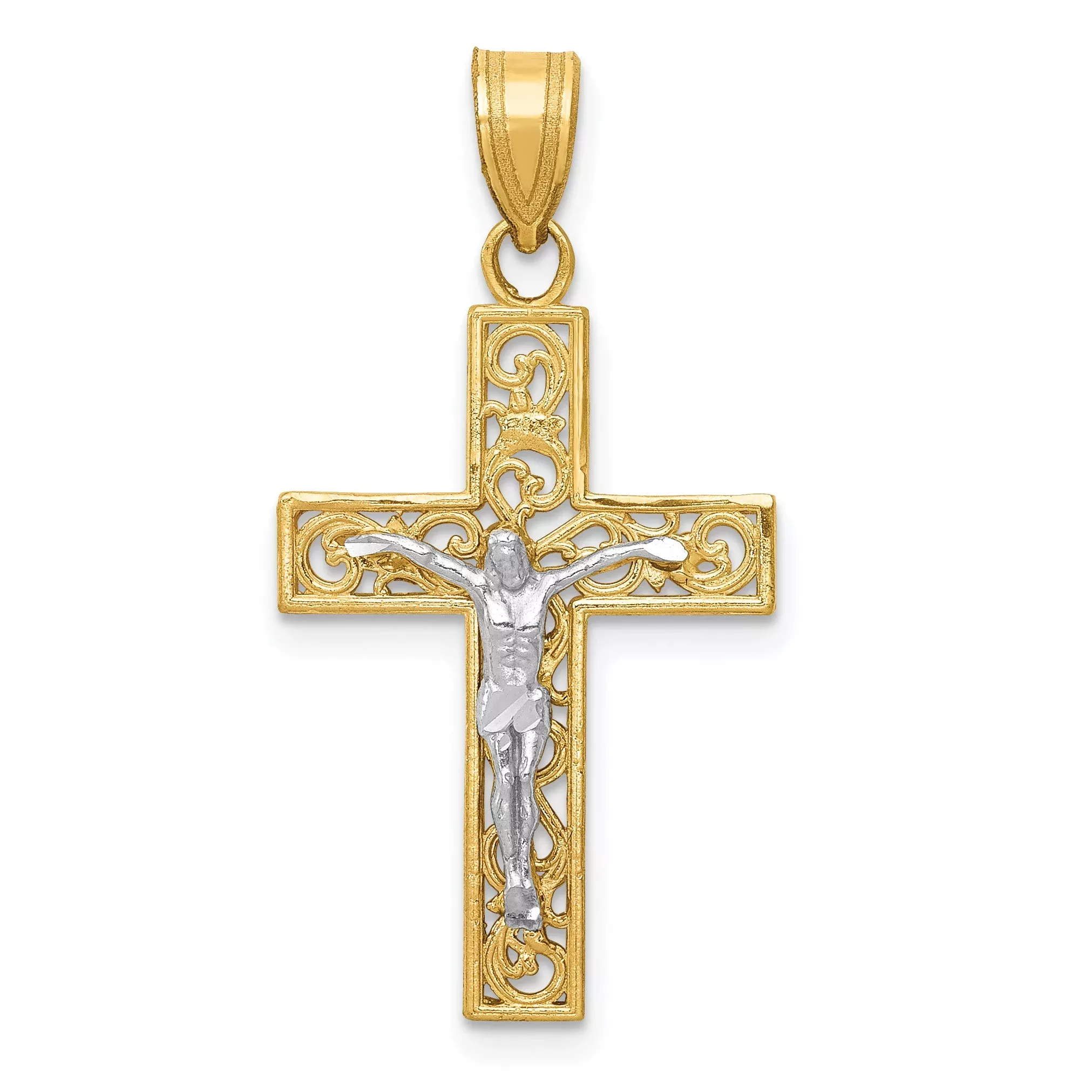 14K Two-Tone D /C Small Block Filigree Crucifix Pendant