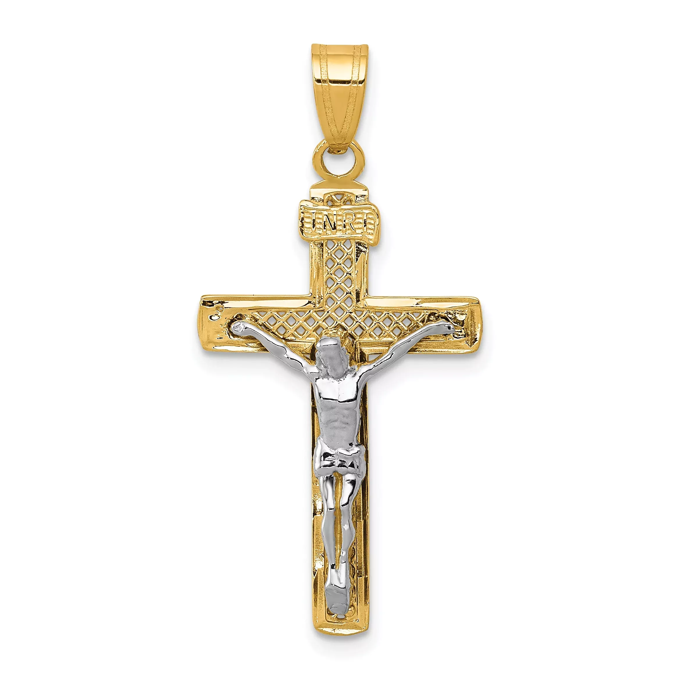 14K Two-Tone Diamond-Cut Lattice Cross W /Crucifix Pendant