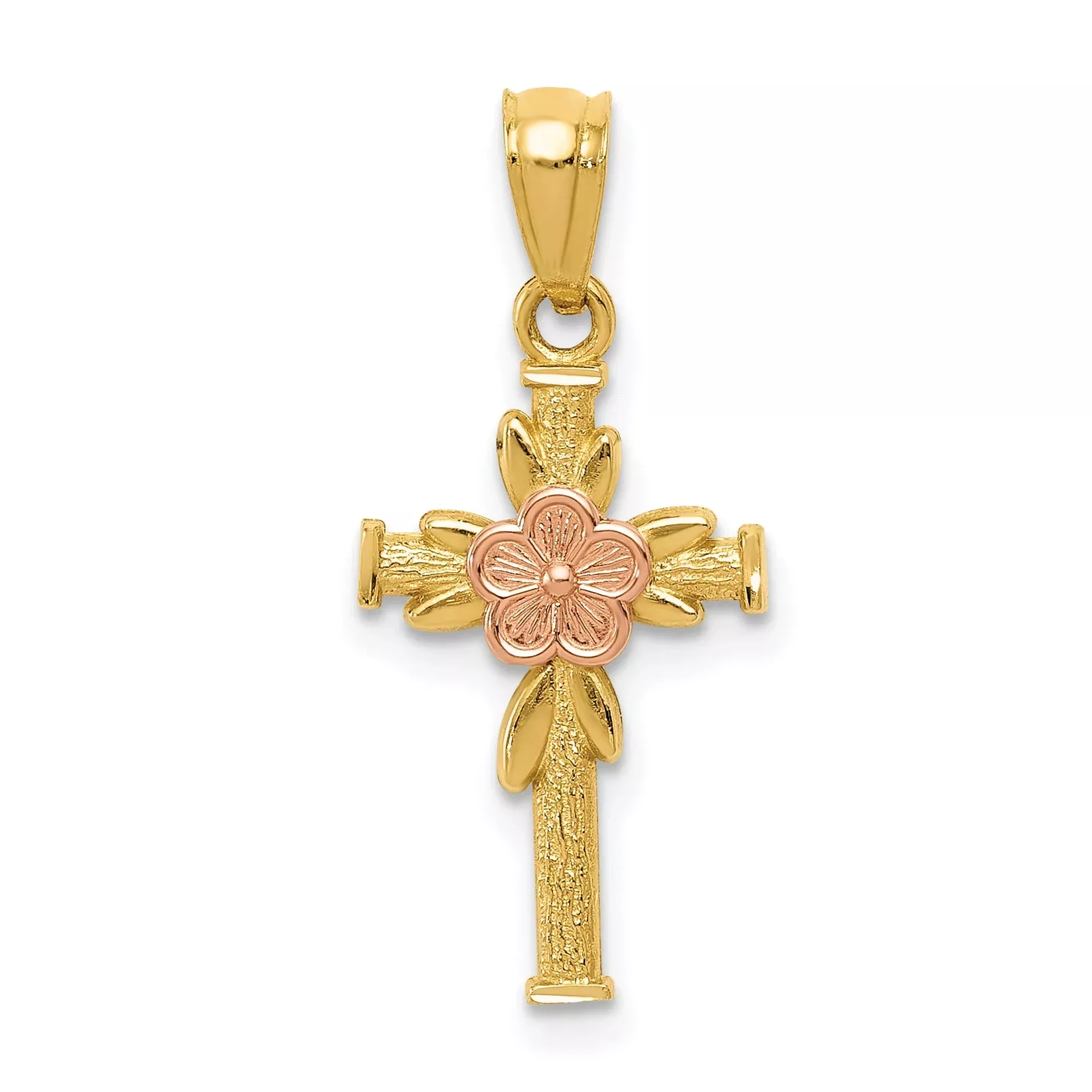 14K Two-Tone Polished D /C Cross W /Flower Pendant