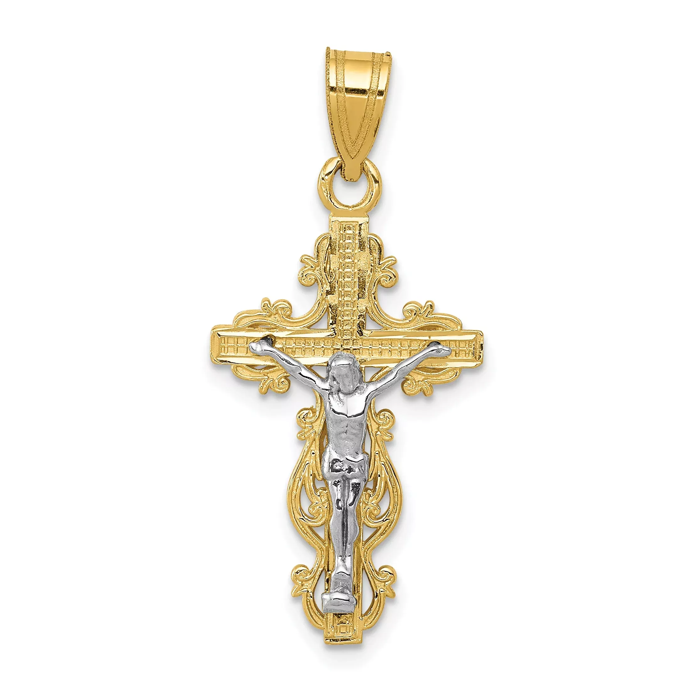 14K Two-Tone Small Narrow Cross W /Crucifix Pendant