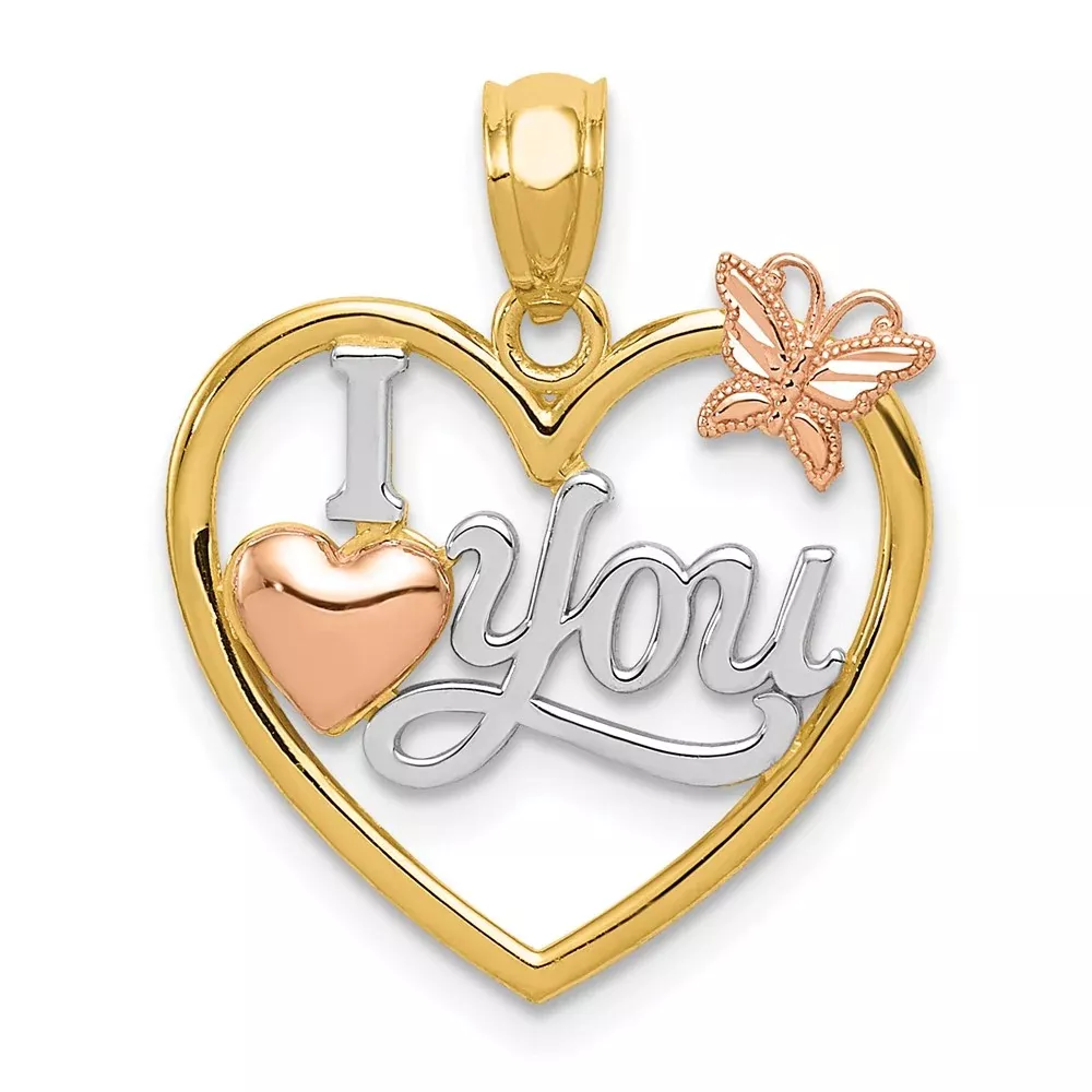 14K Two-Tone W /White Rhod I Love You Heart W /Butterfly Pendant