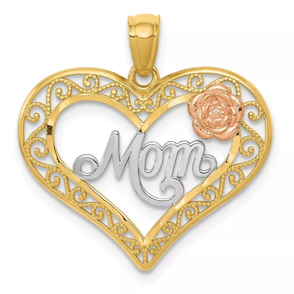 14K Two-Tone W /White Rhodium D /C Mom In Heart W /Rose Pendant