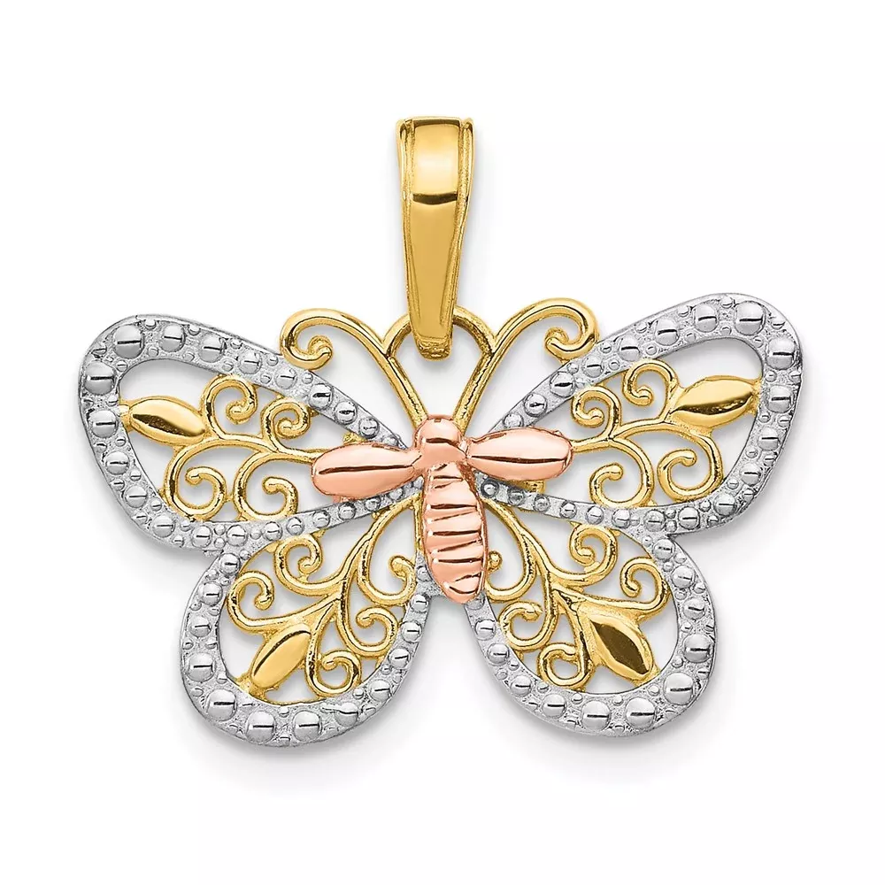 14K Two-Tone W /White Rhodium Diamond-Cut Butterfly Pendant