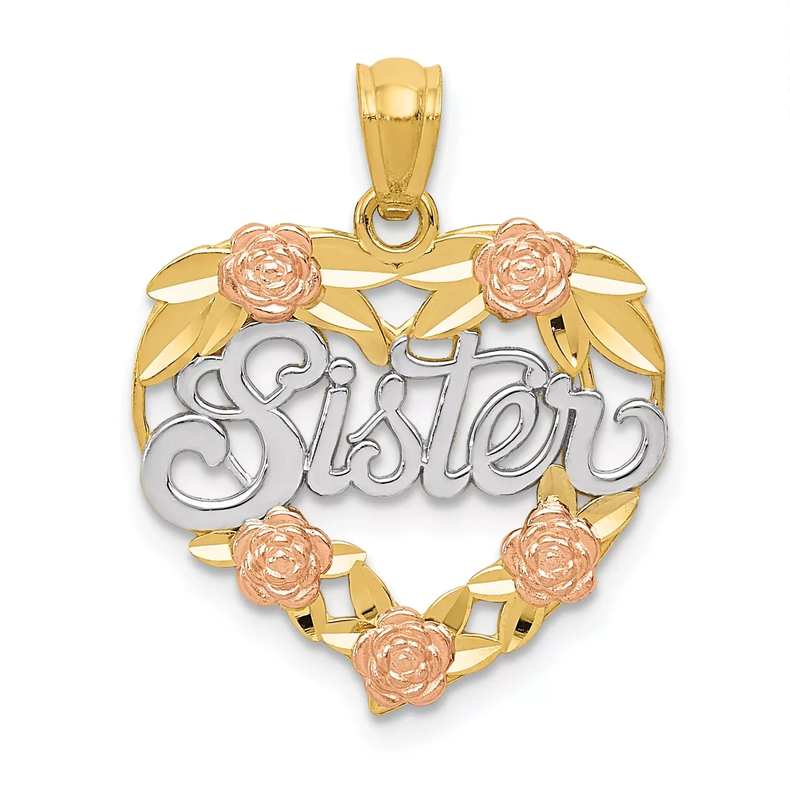 14K Two-Tone W /White Rhodium Sister Heart Pendant