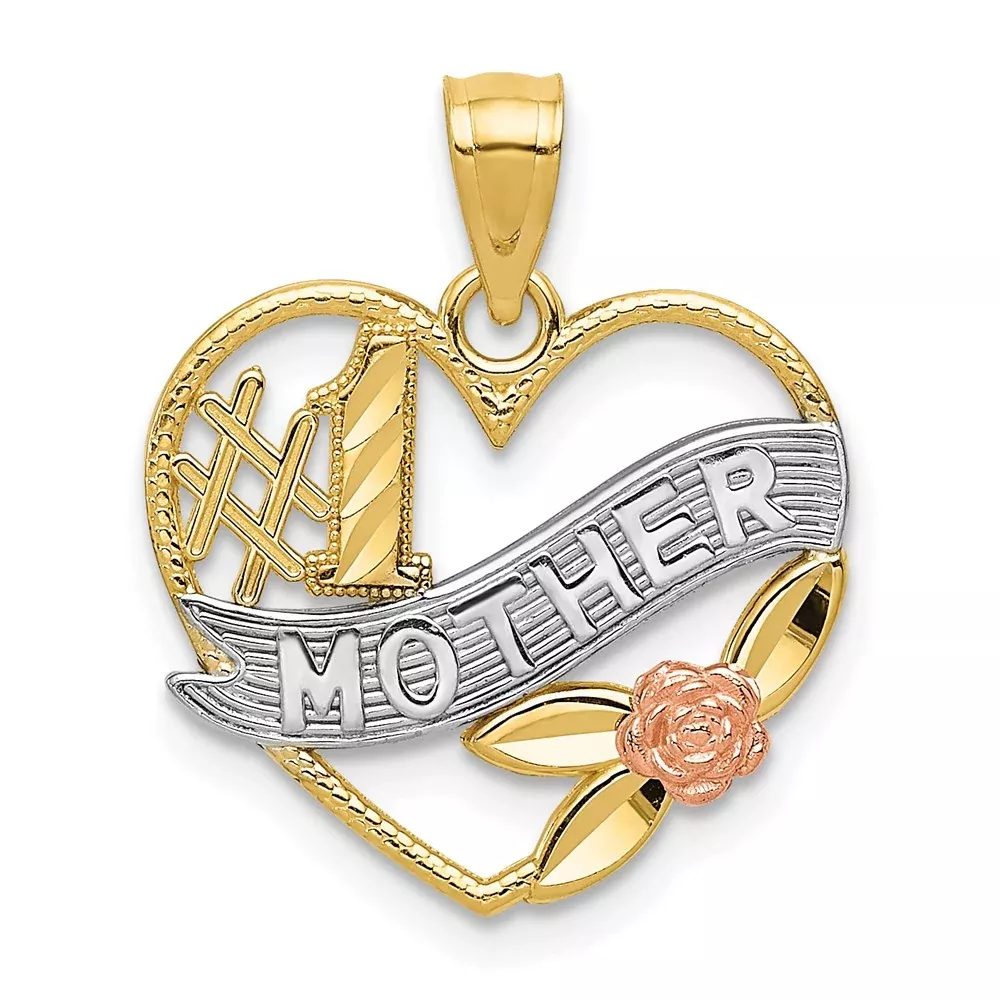 14K Two-Tone Yellow And Rose W /Rhodium D /C #1 Mother Heart W /Rose Pendant