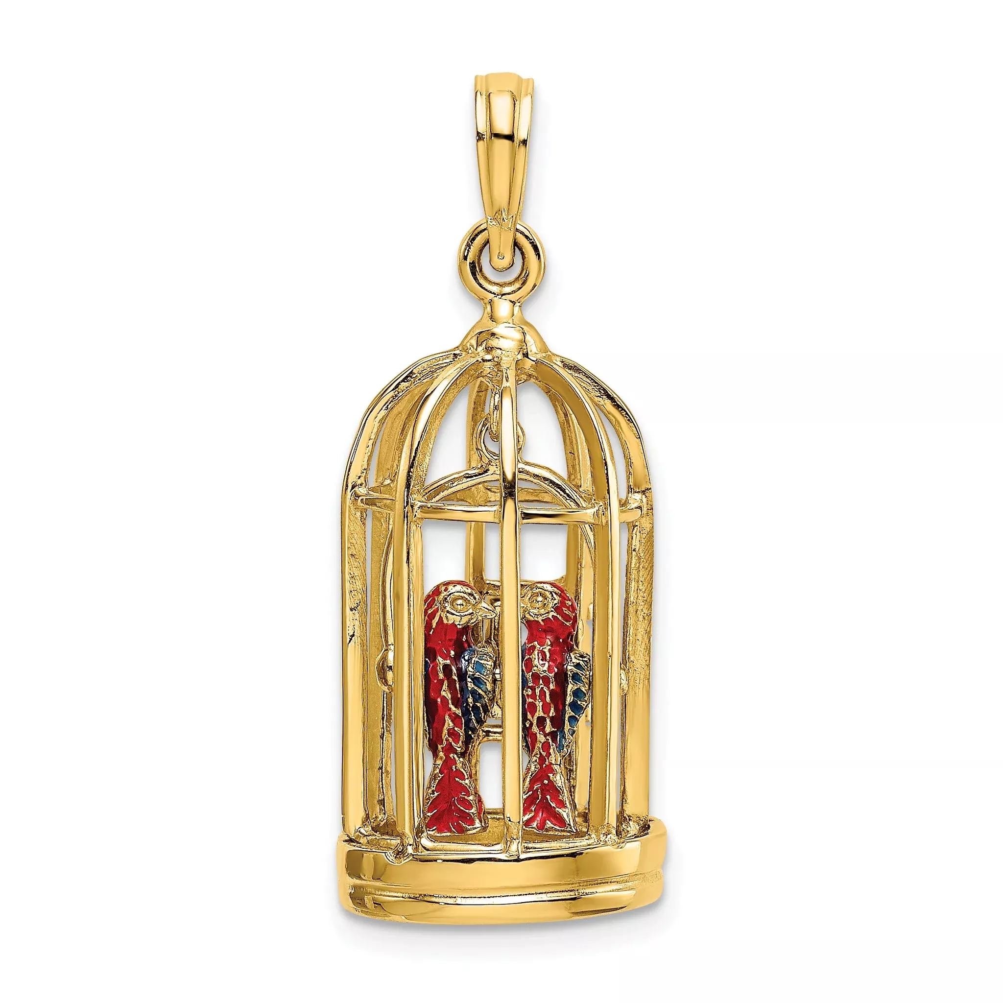 14K w/ Enamel 3-D Bird Cage w/ 2 Birds and Doors Open Charm