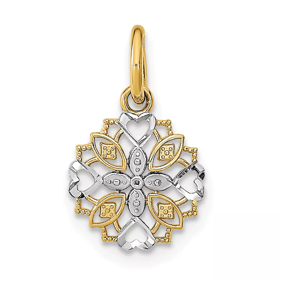 14K w/Rhodium Cut-Out Heart Edge Flower Charm