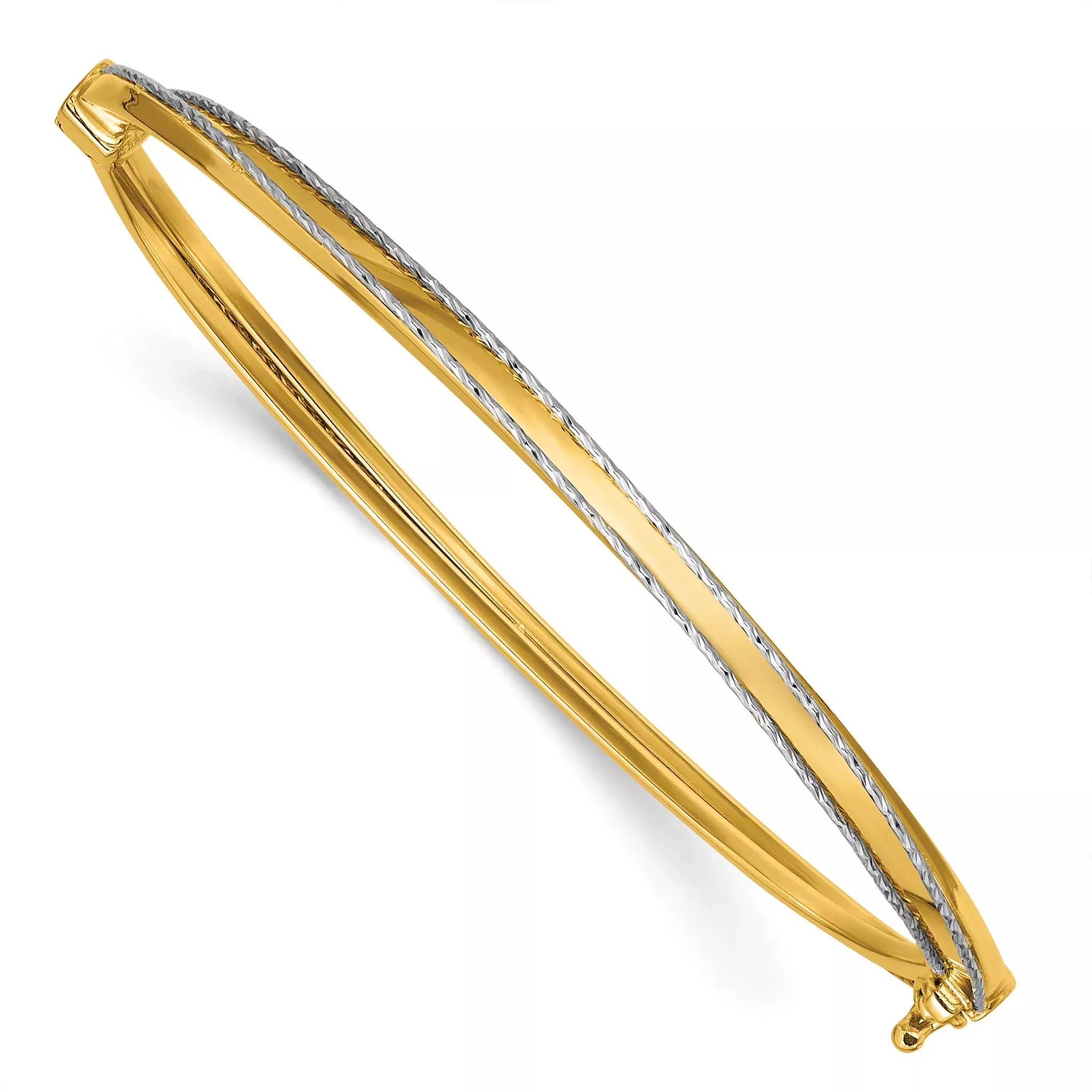 14K w/Rhodium Polished and Diamond-Cut Hinged Bangle