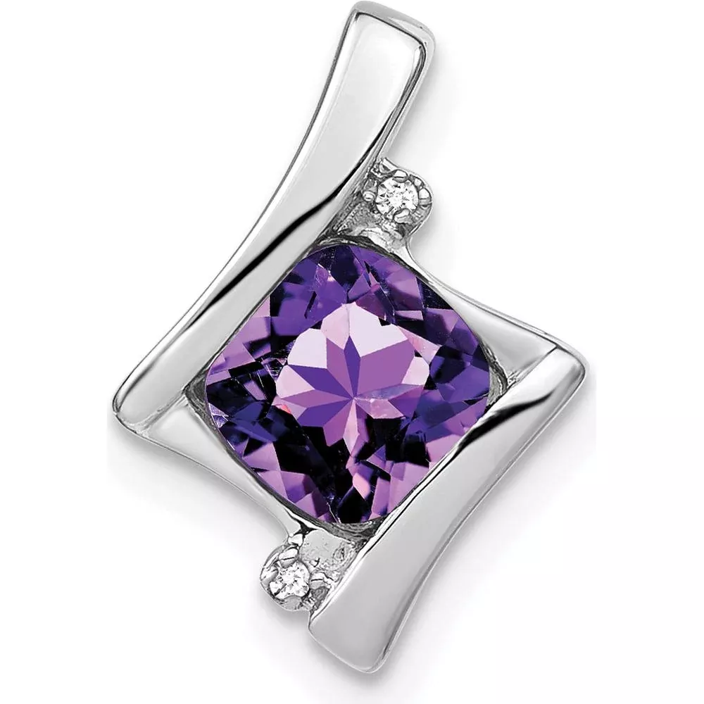 14K White Gold 6mm Cushion Amethyst and Diamond Chain Slide - 1.25 Carat Total Amethyst Weight, 0.01 Carat Total Diamond Weight by Lumare Gioia
