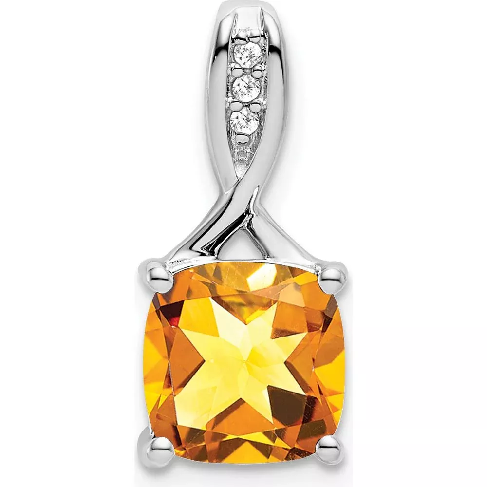14K White Gold 8mm Cushion Citrine and Diamond Pendant - 2.008 Carat Total Gemstone Weight by Lumare Gioia