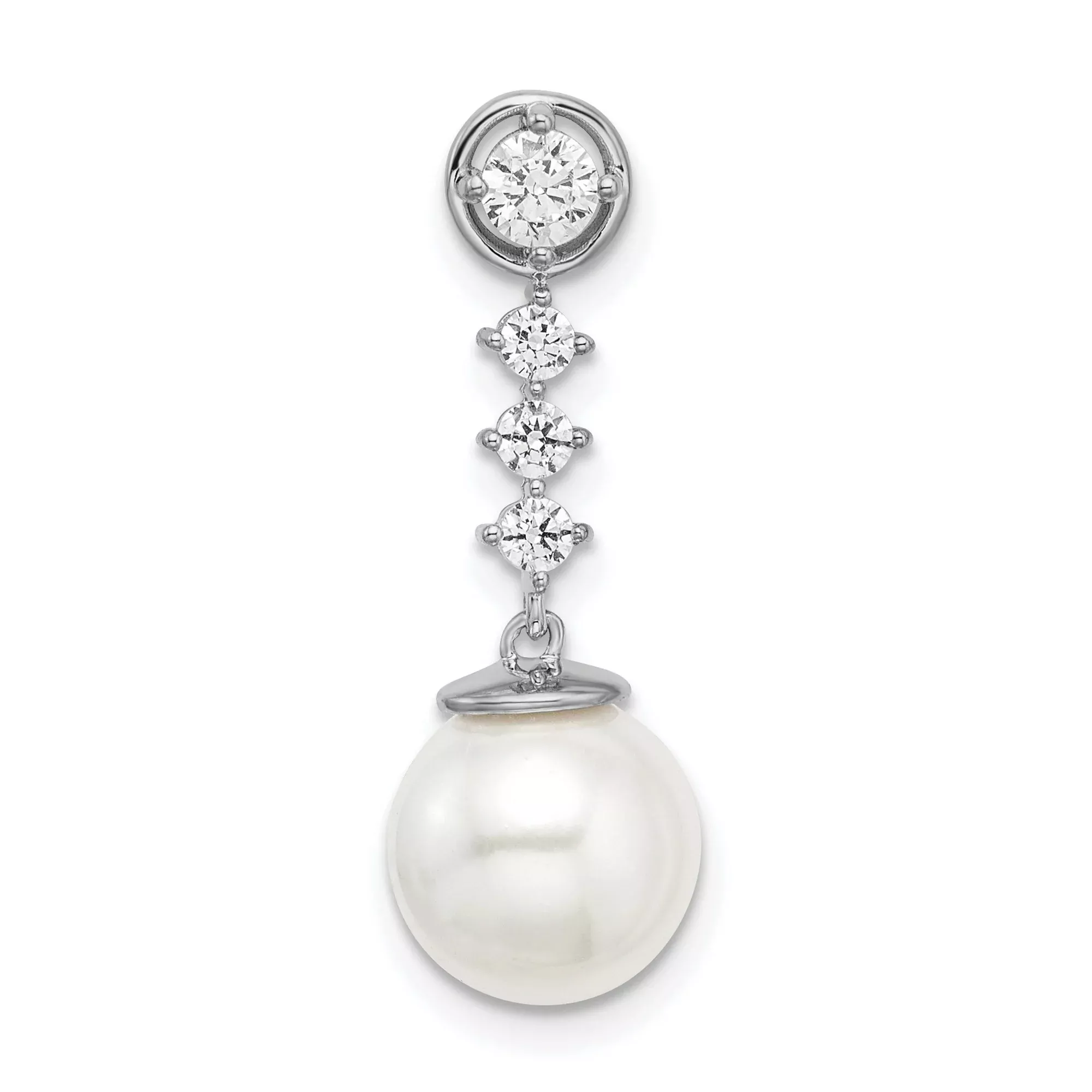 14k White Gold Dangle Earrings with Cultured Pearl and Diamonds, Vertical Drop Design