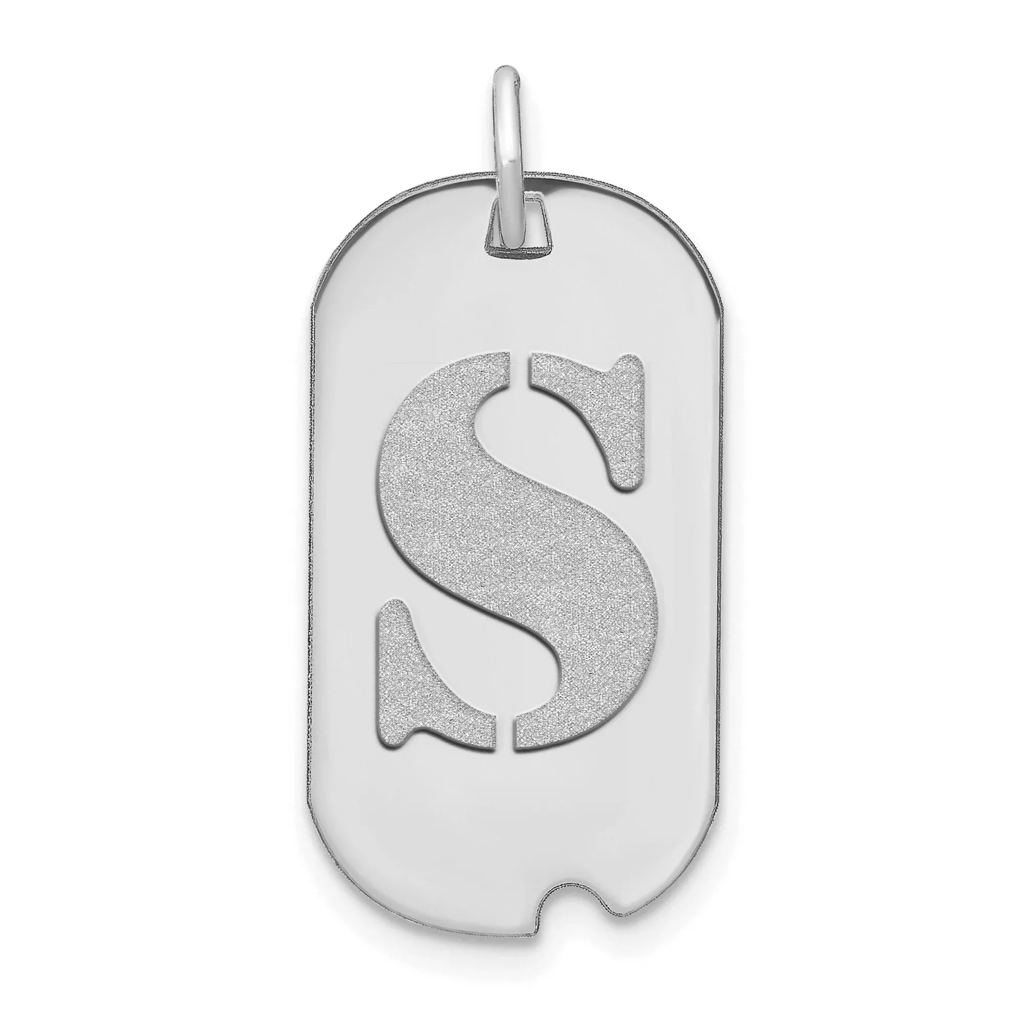 14k White Gold Dog Tag Pendant with Cut-Out Initial S, Unisex Letter Charm