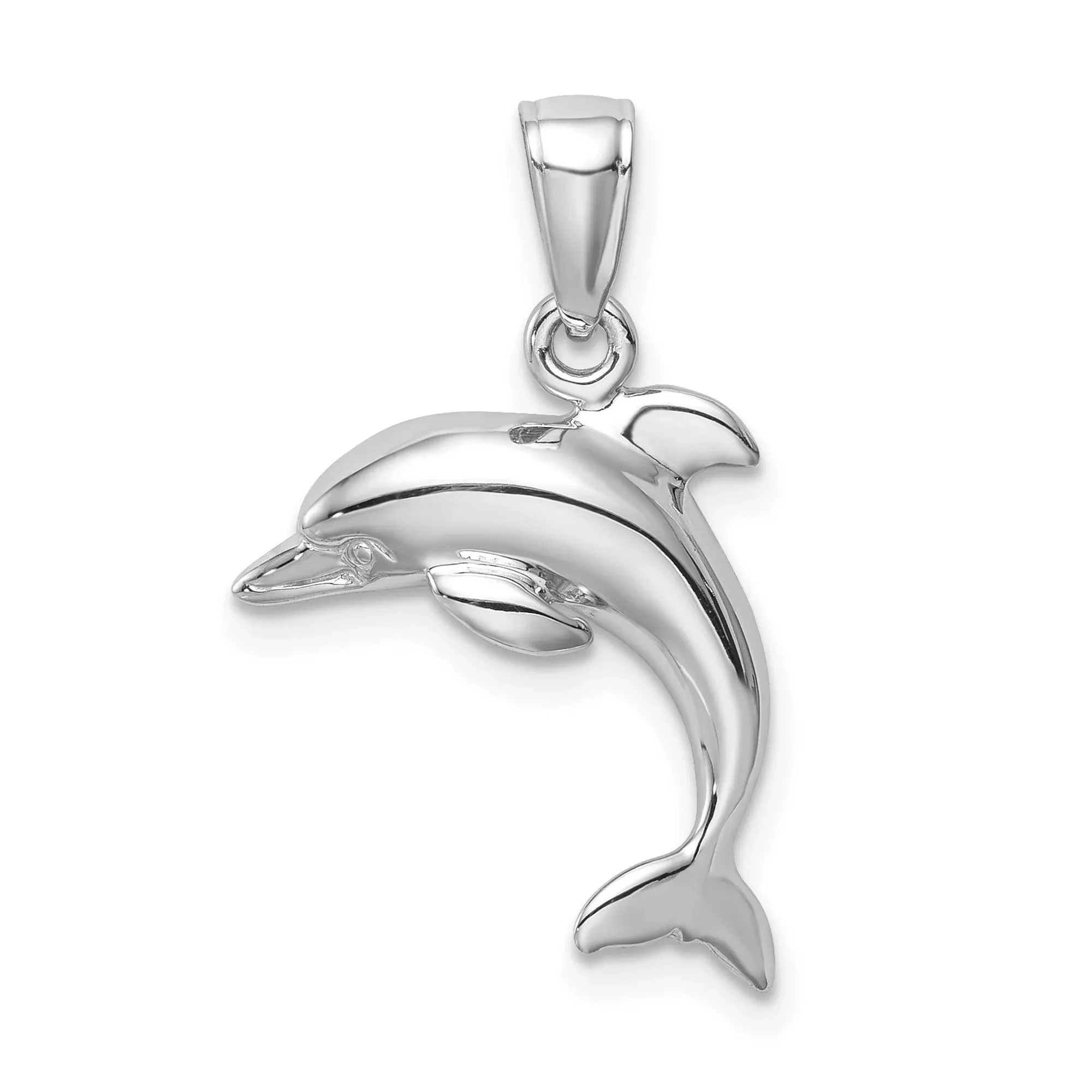 14k White Gold Dolphin Pendant with Polished Jumping Design, Nautical Ocean Charm