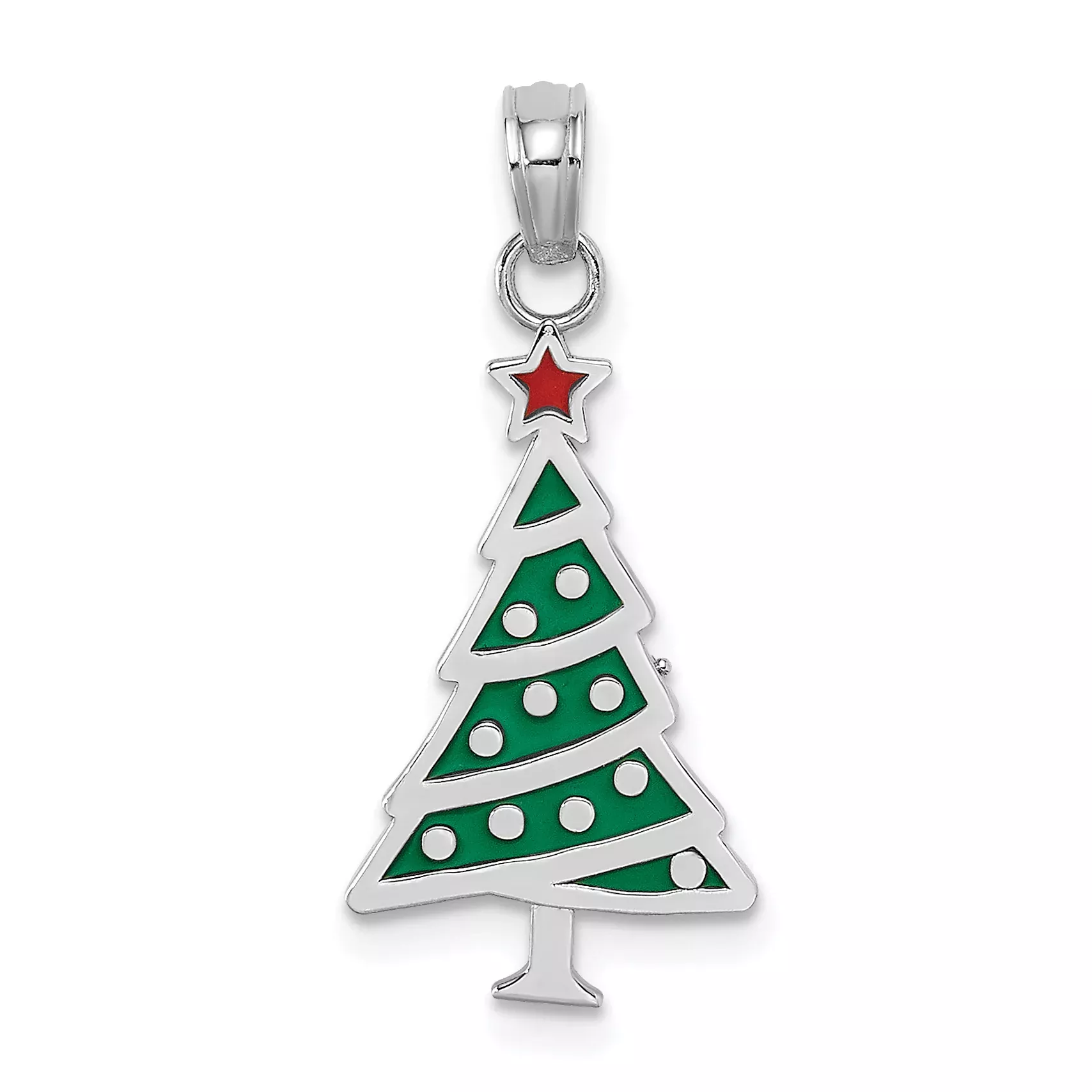 14K White Gold Enamel Green Christmas Tree W / Red Star Charm