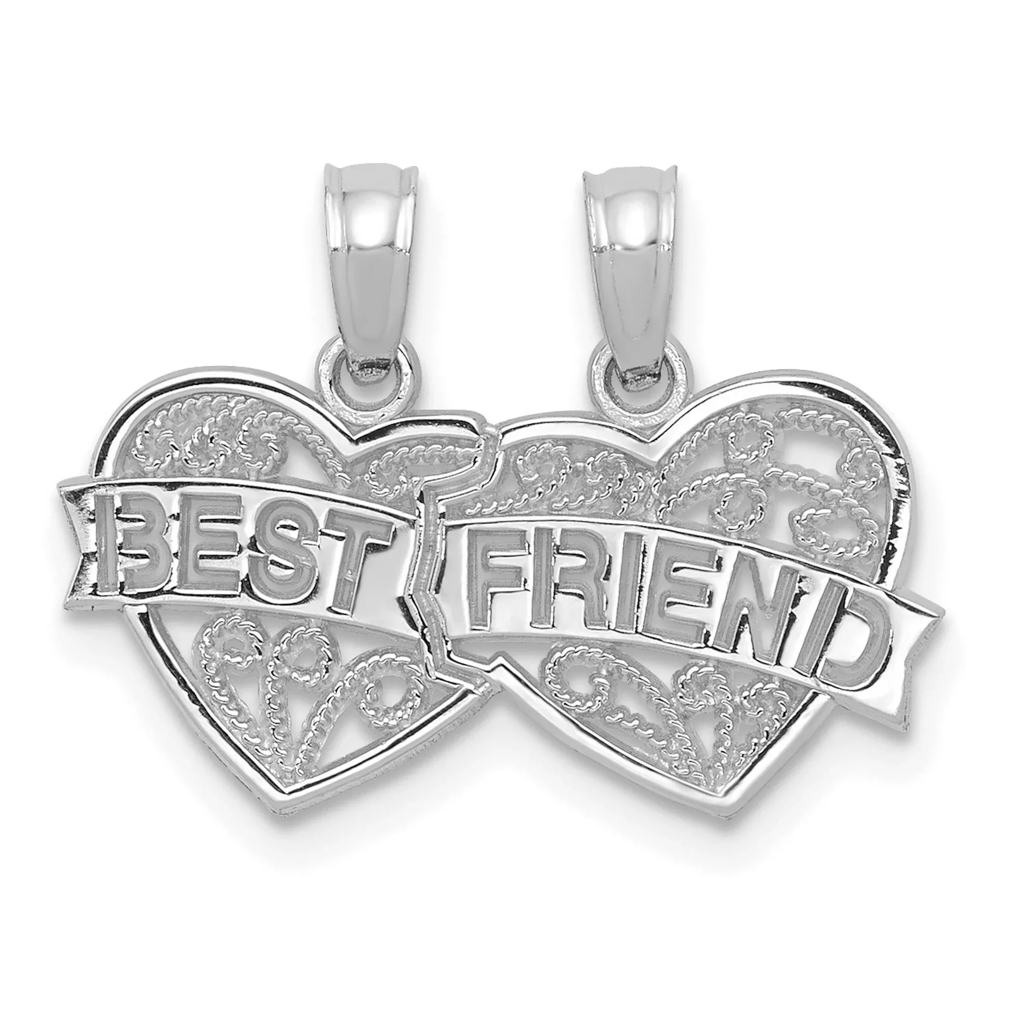 14k White Gold Heart Friendship Pendant with Ornate Filigree Split Charm for Women
