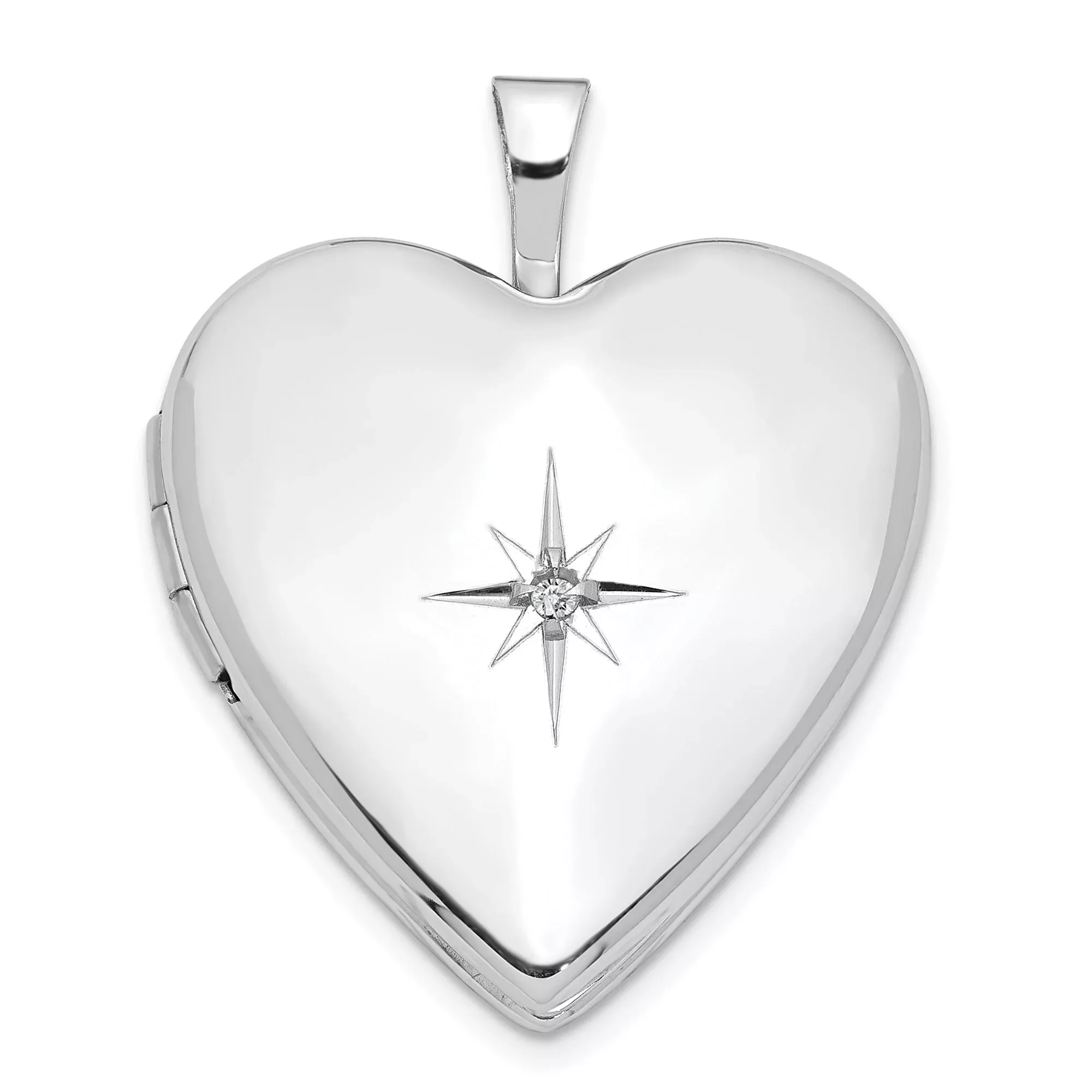 14k White Gold Heart Locket Pendant with Diamond and North Star Design
