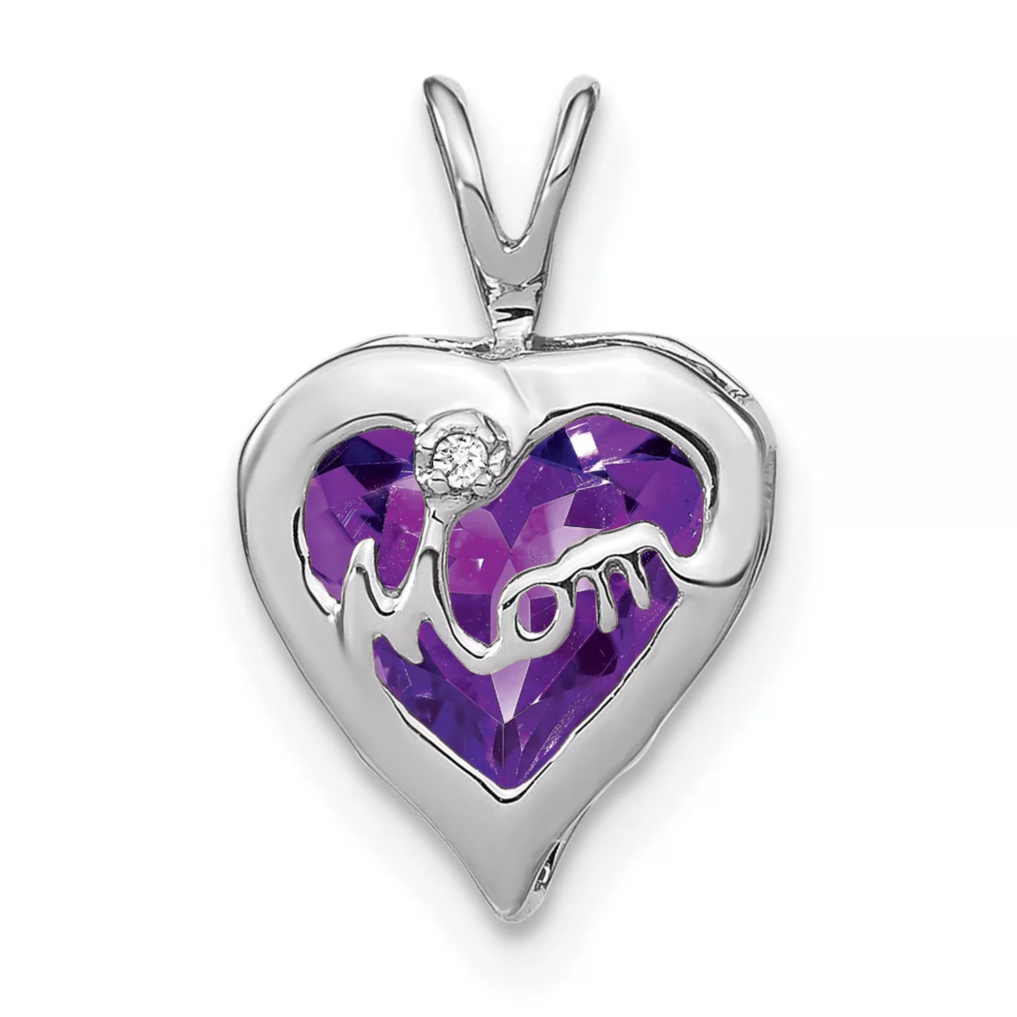 14k White Gold Heart Mom Pendant with Amethyst and Diamond Accent