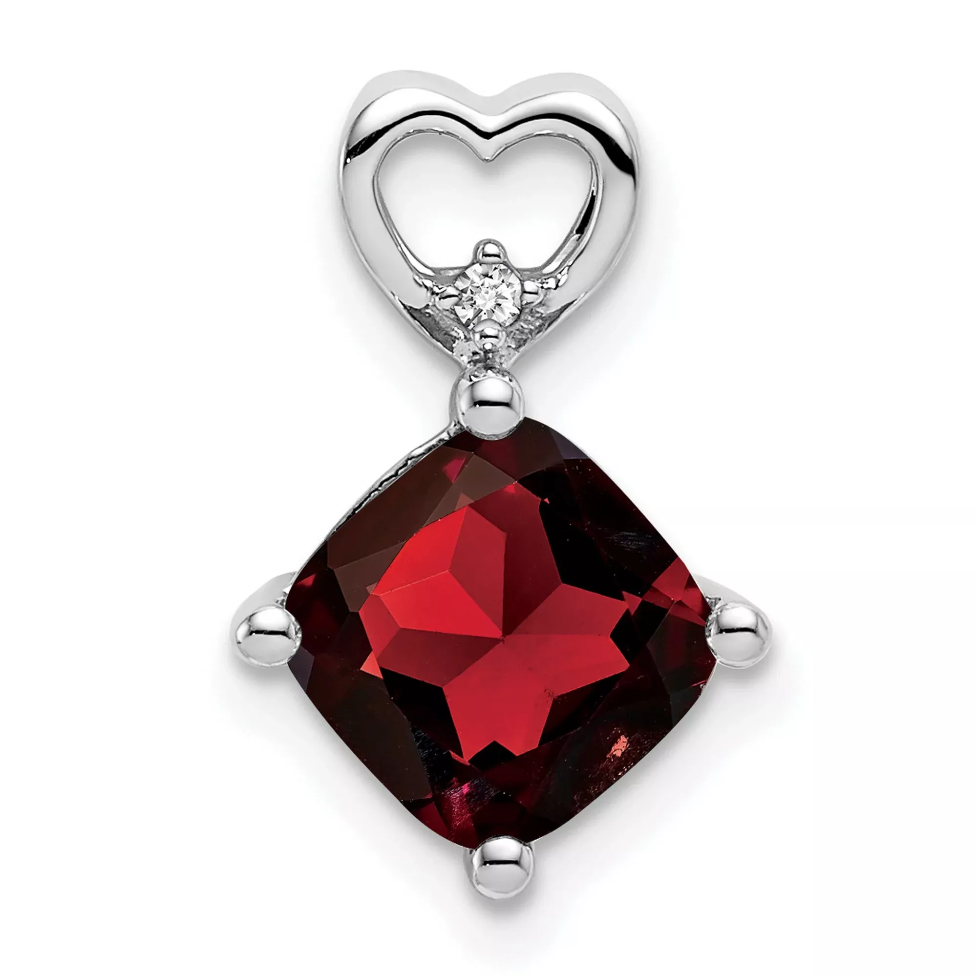 14k White Gold Heart Pendant with Cushion Cut Garnet Drop and Diamond Accent