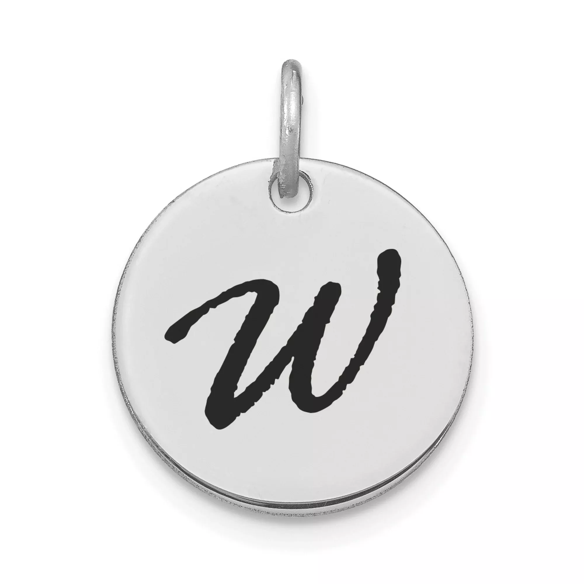 14k White Gold Initial Pendant with Bold Script Letter W, Round Disc Charm