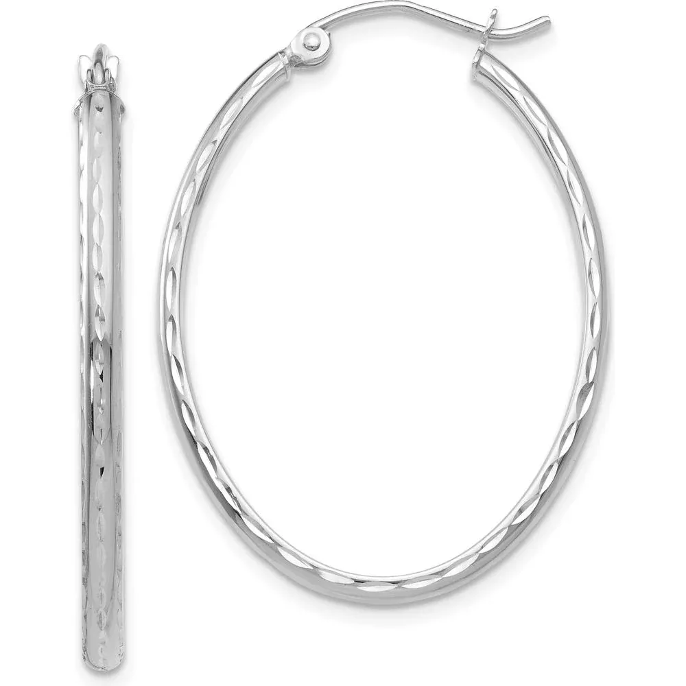 14K White Gold Lightweight Diamond-Cut Oval Hoop Earrings - Polished Finish by Oro Pregiato