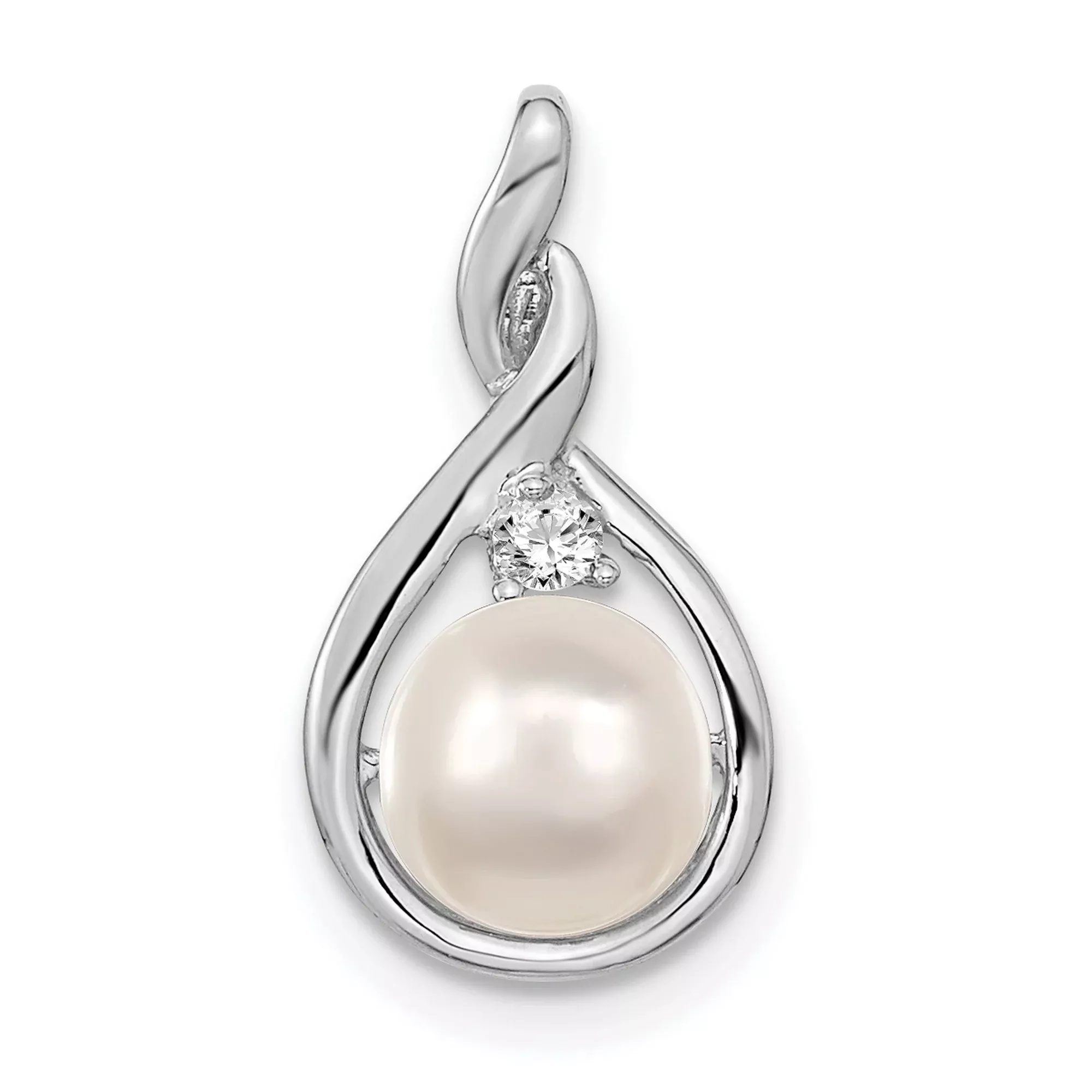 14k White Gold Pendant with Cultured Pearl and Diamond Accent in Teardrop Swirl Design