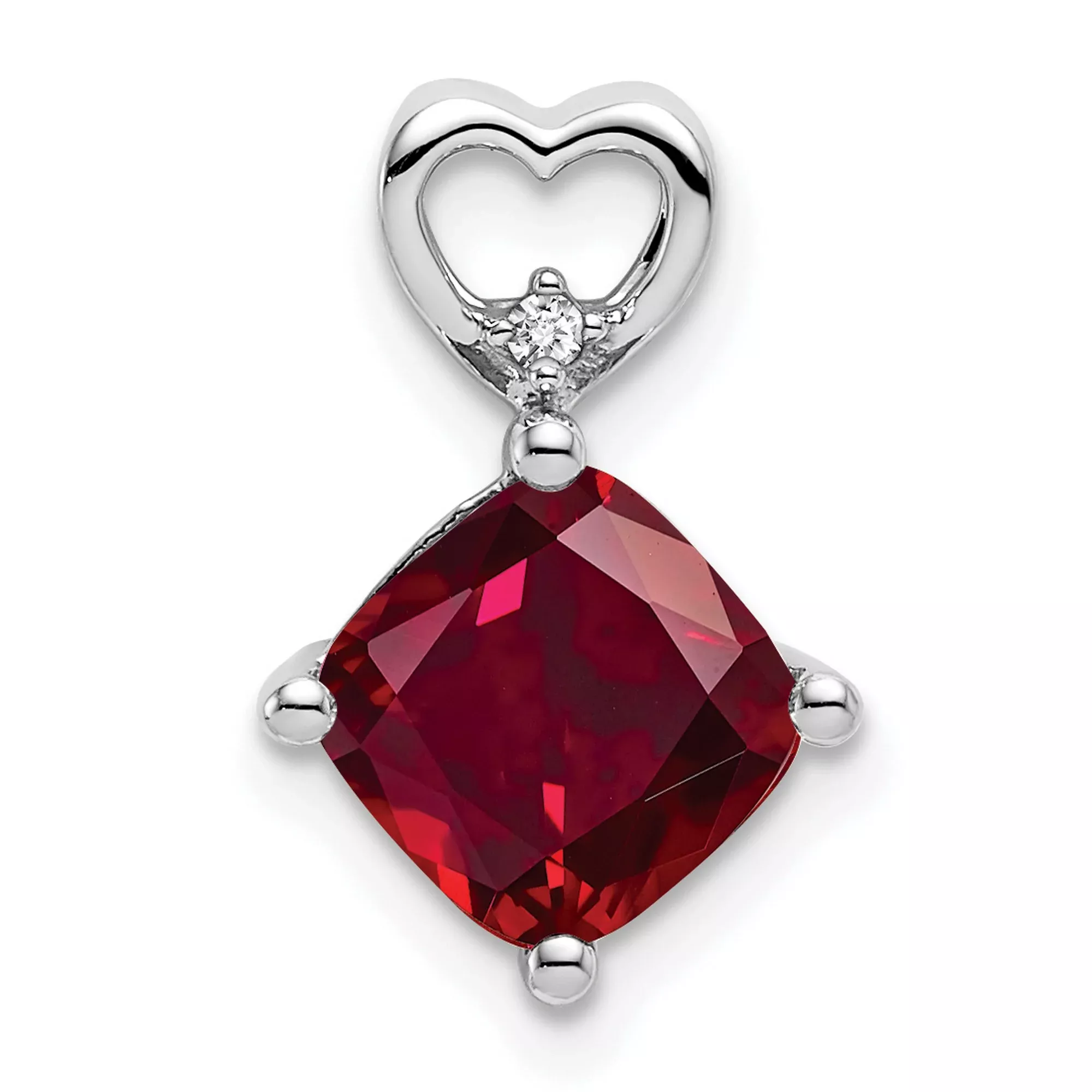 14k White Gold Pendant with Cushion Cut Lab Created Ruby and Diamond Accent, Heart Design