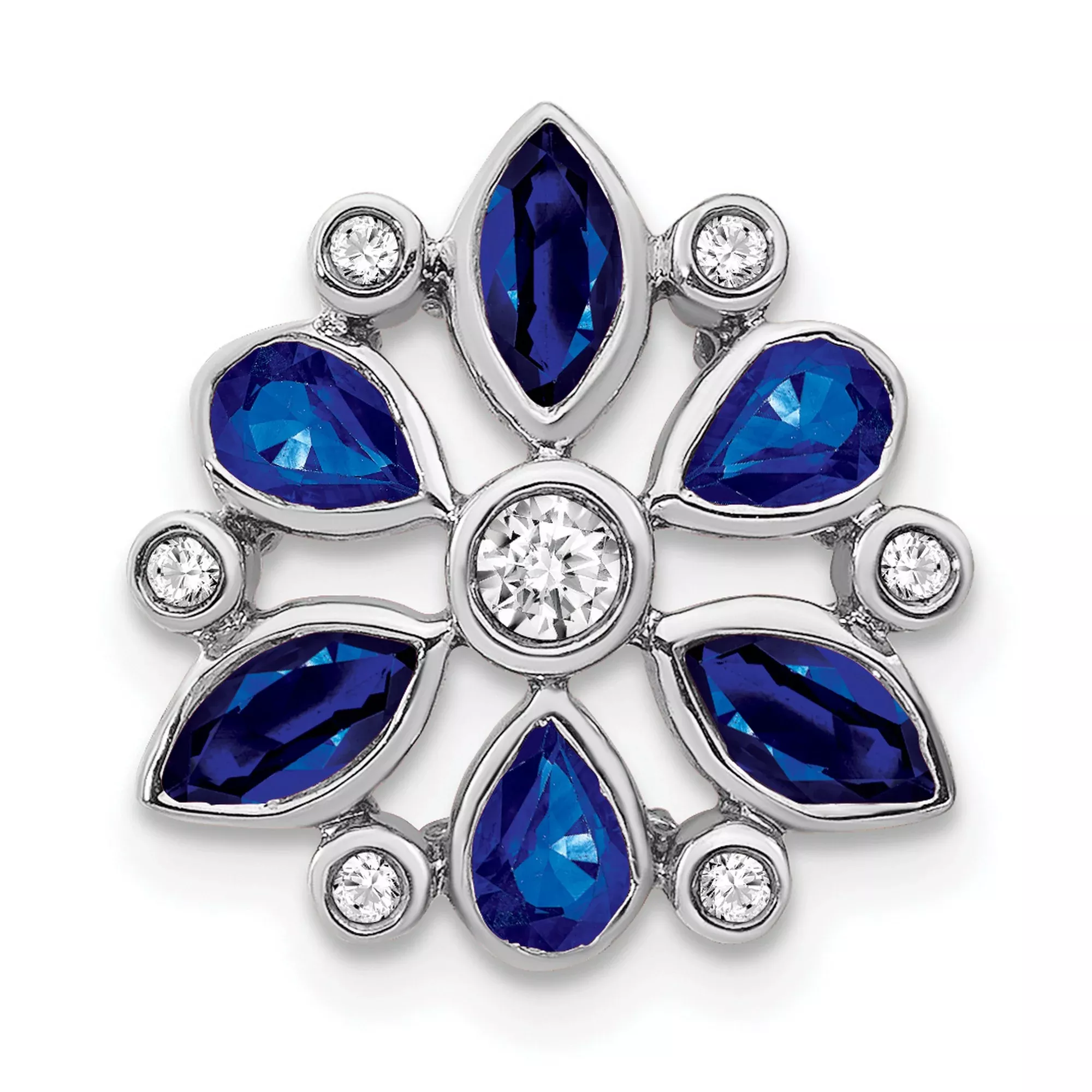 14k White Gold Pendant with Marquise and Pear Blue Sapphires, Floral Design, Diamond Accents