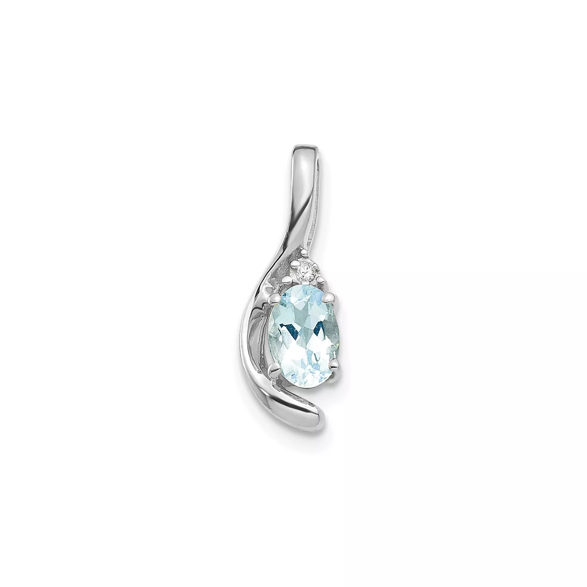 14k White Gold Pendant with Oval Aquamarine and Diamond Accent, Modern Wave Design