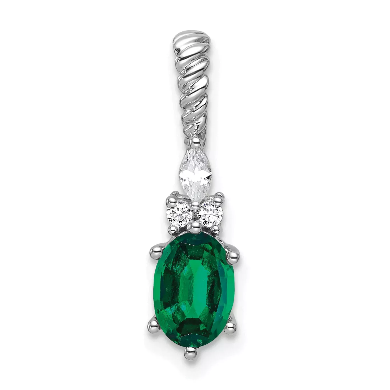 14K White Gold Polish Diamond and Lab Created Emerald Twisted Chain Slide