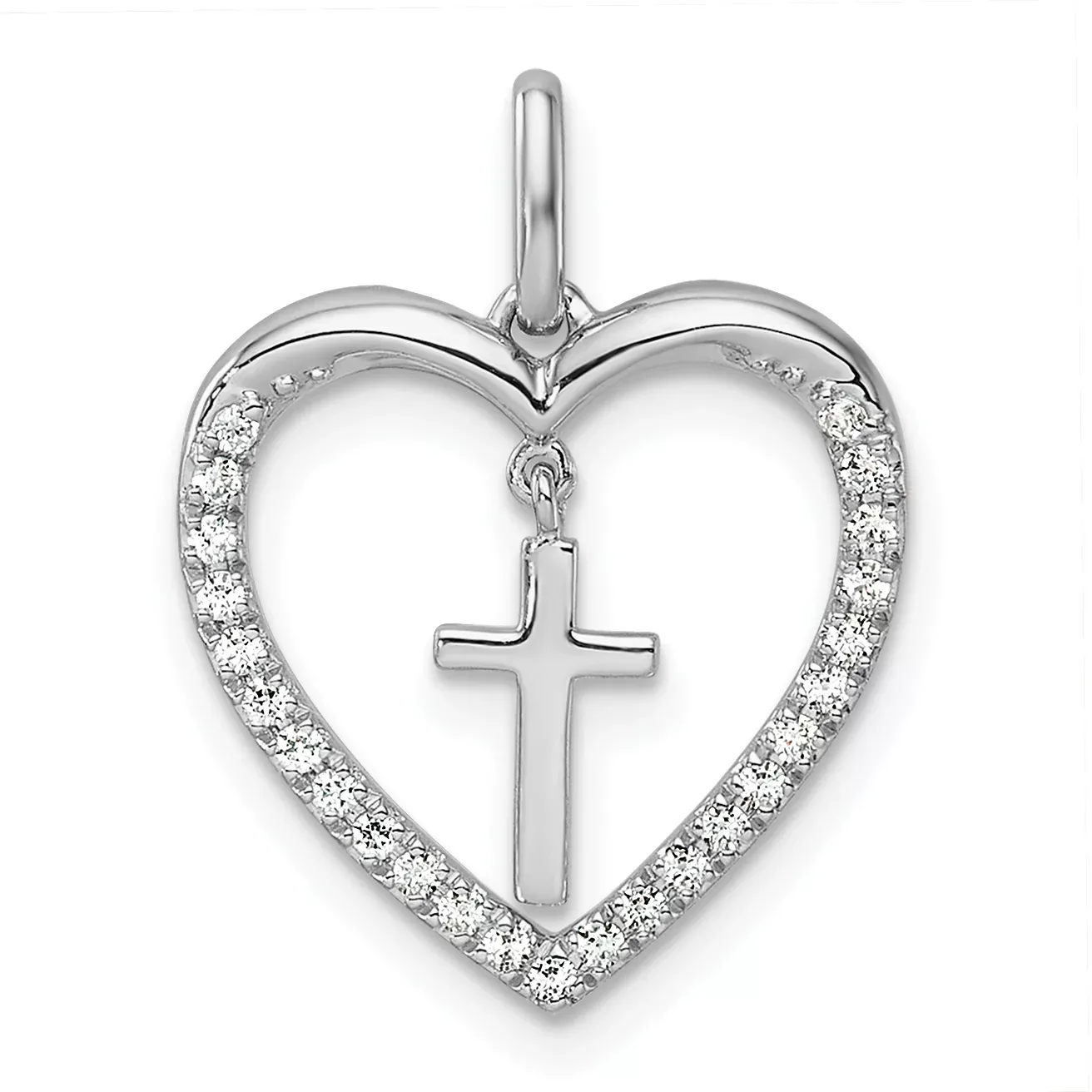 14K White Gold Polished Diamond Heart Dangle Cross Pendant
