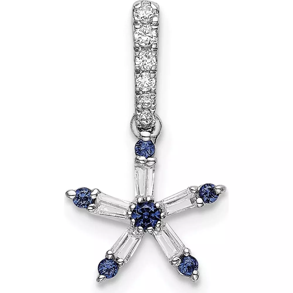 14K White Gold Star Pendant with Round Blue Sapphires and Baguette Diamonds - 0.06 Carat Total Diamond Weight, 0.02 Carat Total Sapphire Weight by Oro Pregiato