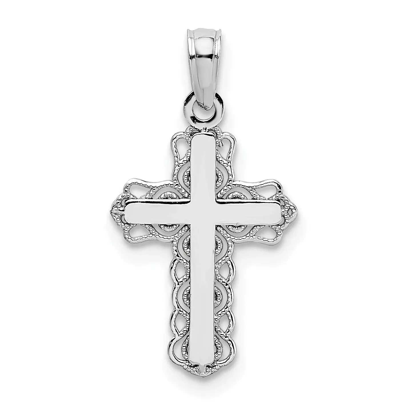 14K White Gold W / Lace Trim And Polished Center Cross Charm