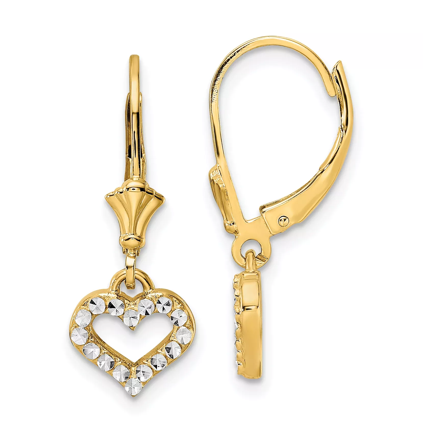 14k & White Rhodium D/C Heart Leverback Earrings