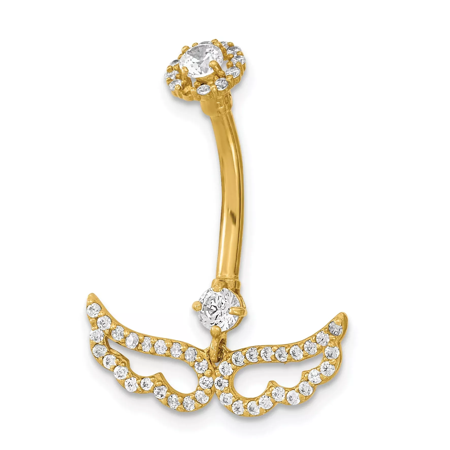 14K Yellow Gold 14 Gauge Angel Wings Cz Belly /Navel Ring Body Jewelry