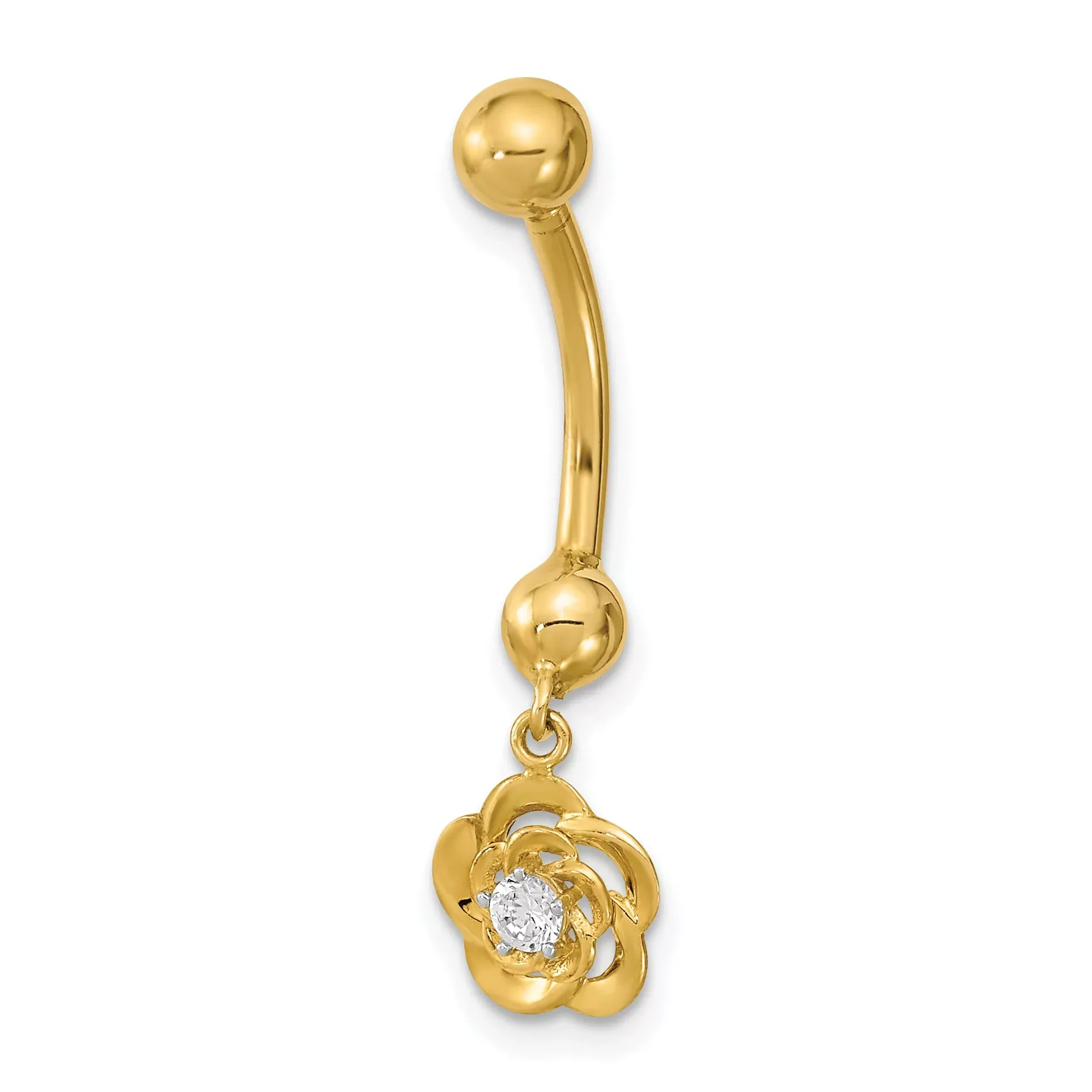 14K Yellow Gold 14 Gauge Dangle Flower Cz Belly /Navel Ring Body Jewelry