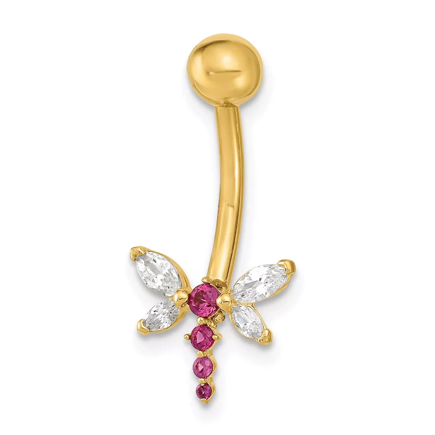 14K Yellow Gold 14 Gauge Dragonfly Cz Belly /Navel Ring Body Jewelry