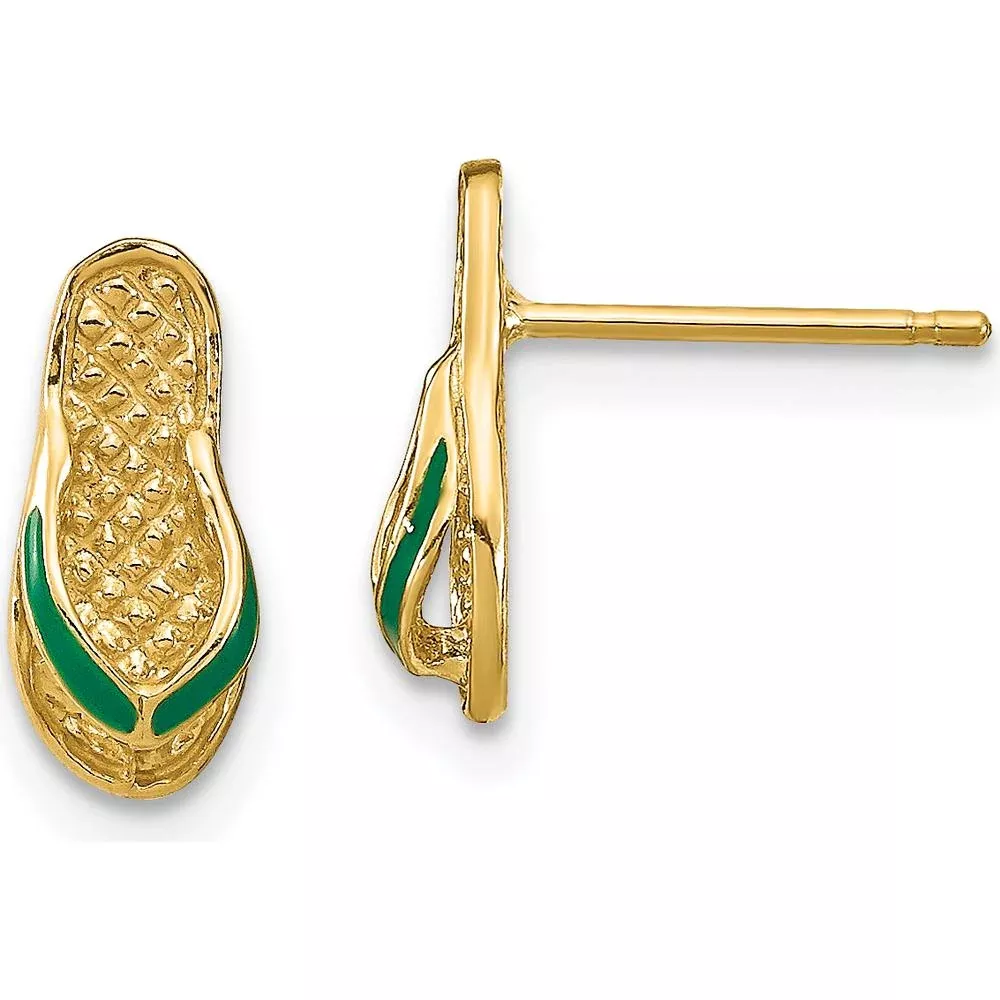14K Yellow Gold 3D Flip-Flop Earrings with Green Enamel Accent - Fun, Playful Design by Oro Pregiato