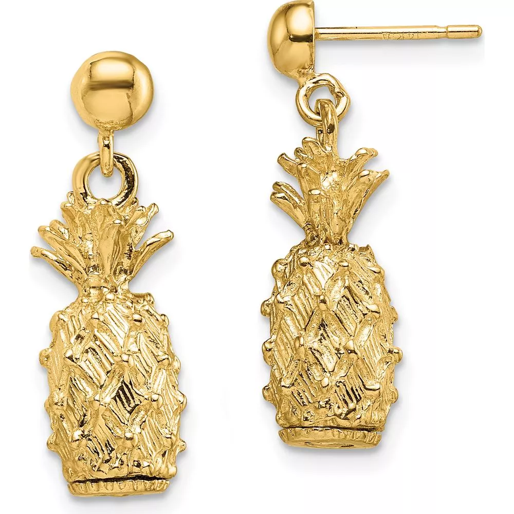 14K Yellow Gold 3D Pineapple Dangle Post Earrings - Textured Design, 21.25mm Length by Oro Pregiato
