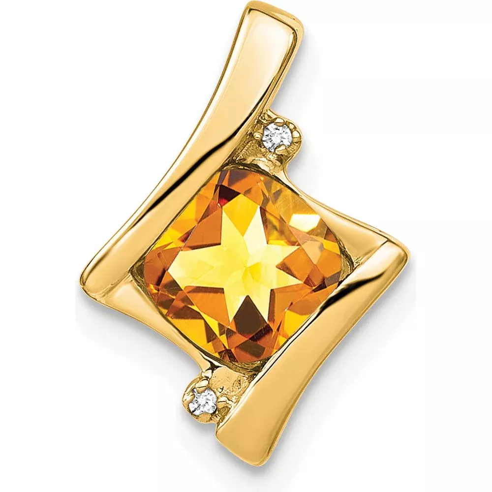 14K Yellow Gold 6mm Cushion Citrine and Diamond Chain Slide Pendant - 1.25 Carat Total Citrine Weight by Lumare Gioia