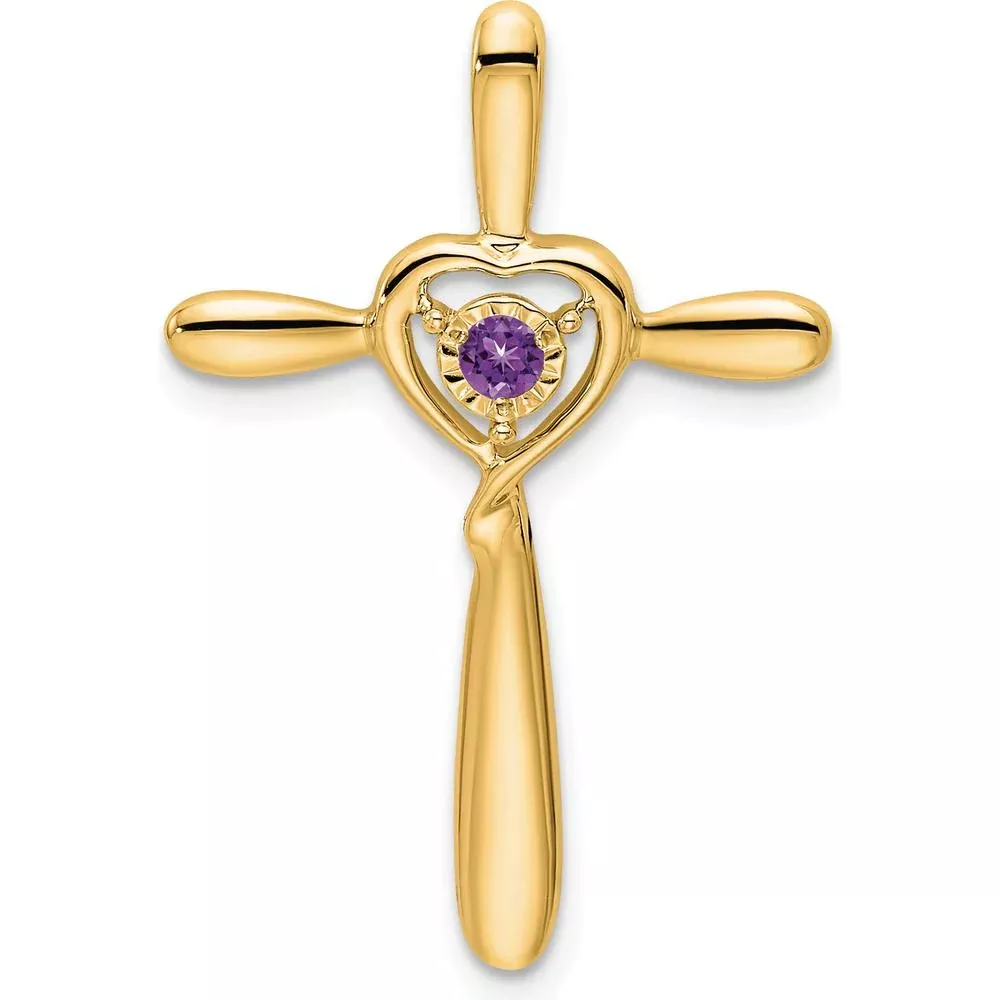 14K Yellow Gold Amethyst Heart Cross Pendant with Round Amethyst - 2.3mm by Oro Pregiato