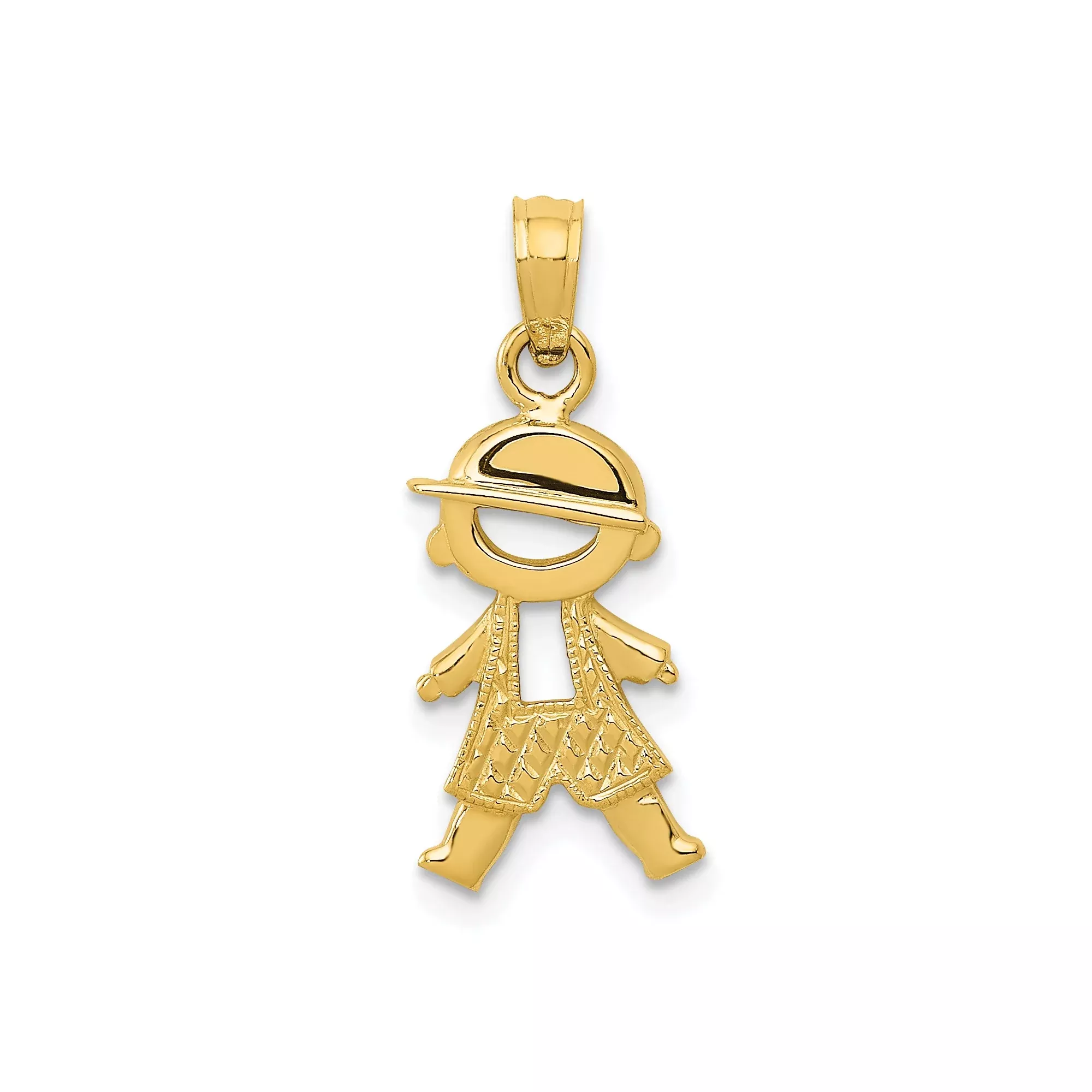 14k Yellow Gold Boy Pendant Charm with Cartoon Hat and Textured Outfit Design