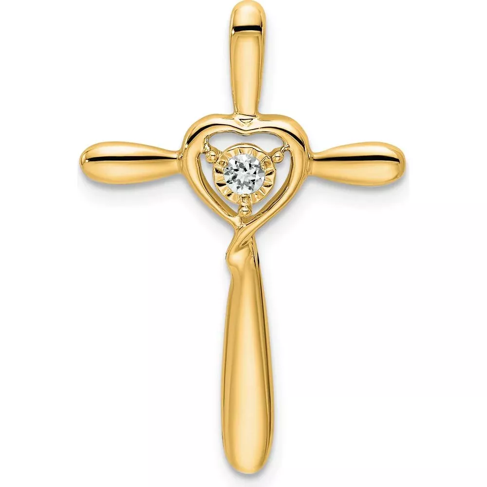 14K Yellow Gold Cross Pendant with Heart and Round White Topaz - 2.3mm White Topaz by Oro Pregiato