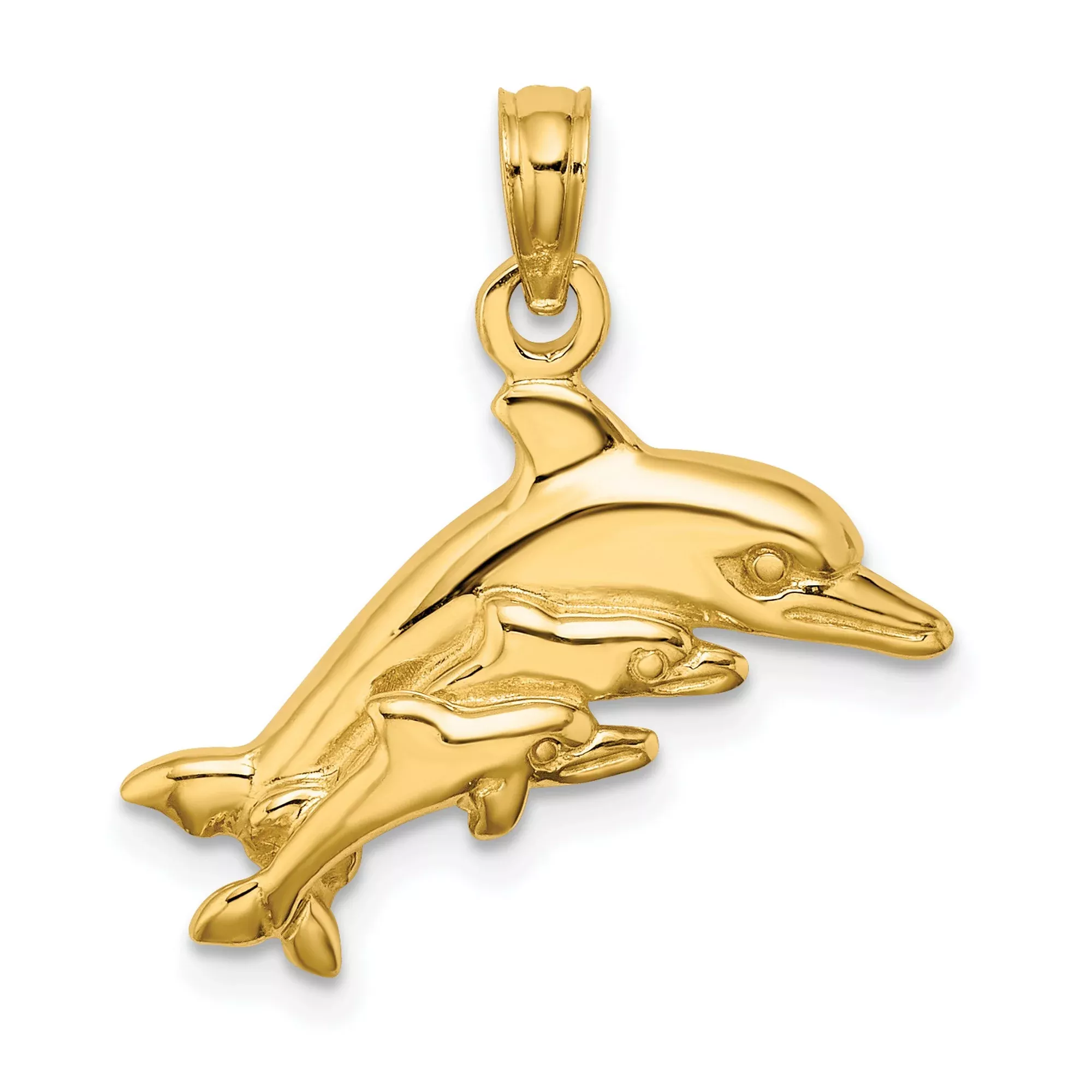 14k Yellow Gold Dolphin Pendant with Mother and Baby Ocean Charm