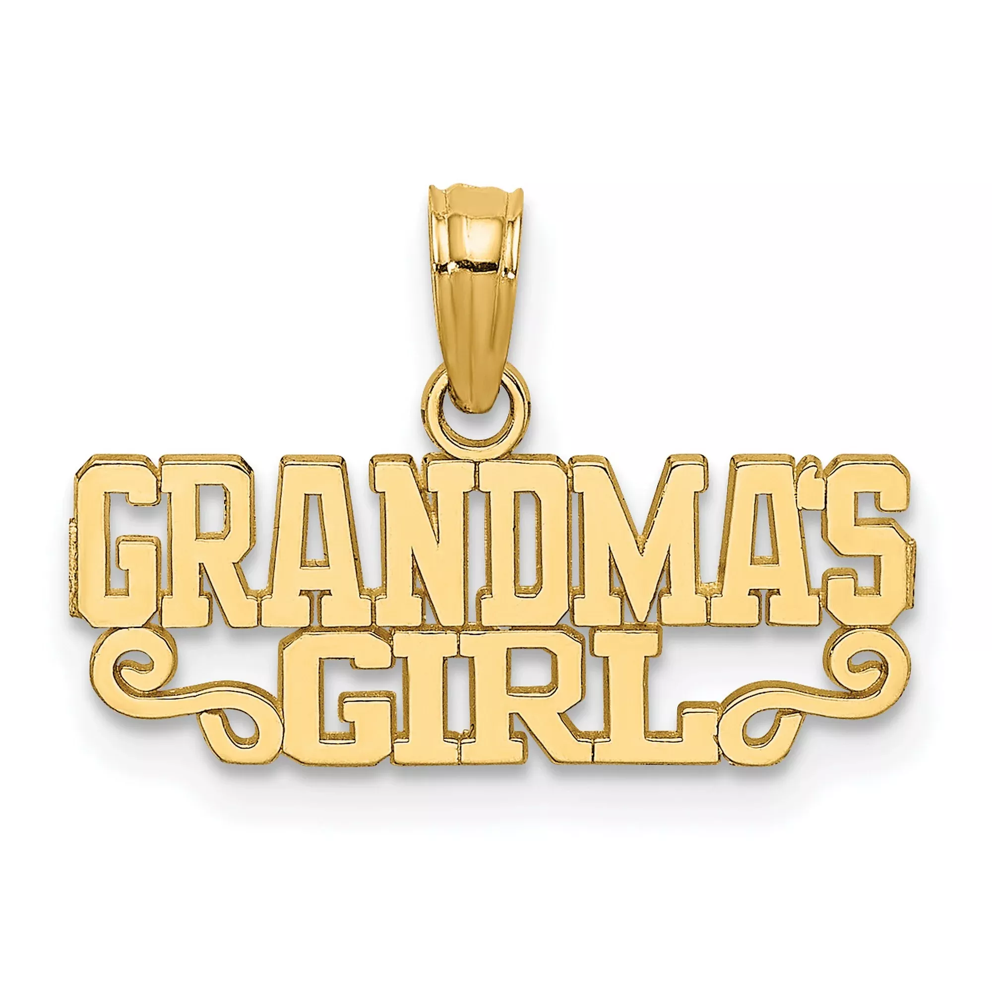 14k Yellow Gold Grandmas Girl Pendant with Scroll Design and Block Lettering
