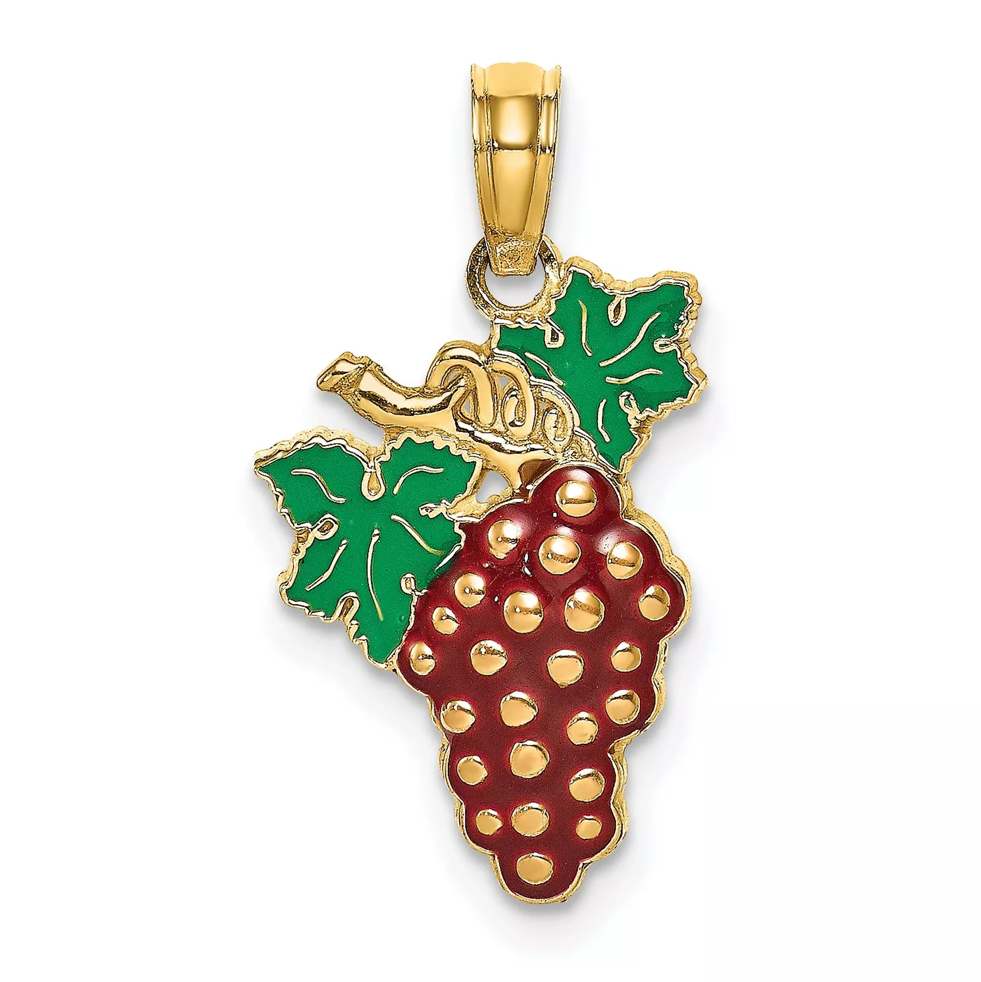 14k Yellow Gold Grape Cluster Pendant with Red Enamel and Green Leaf Detailing