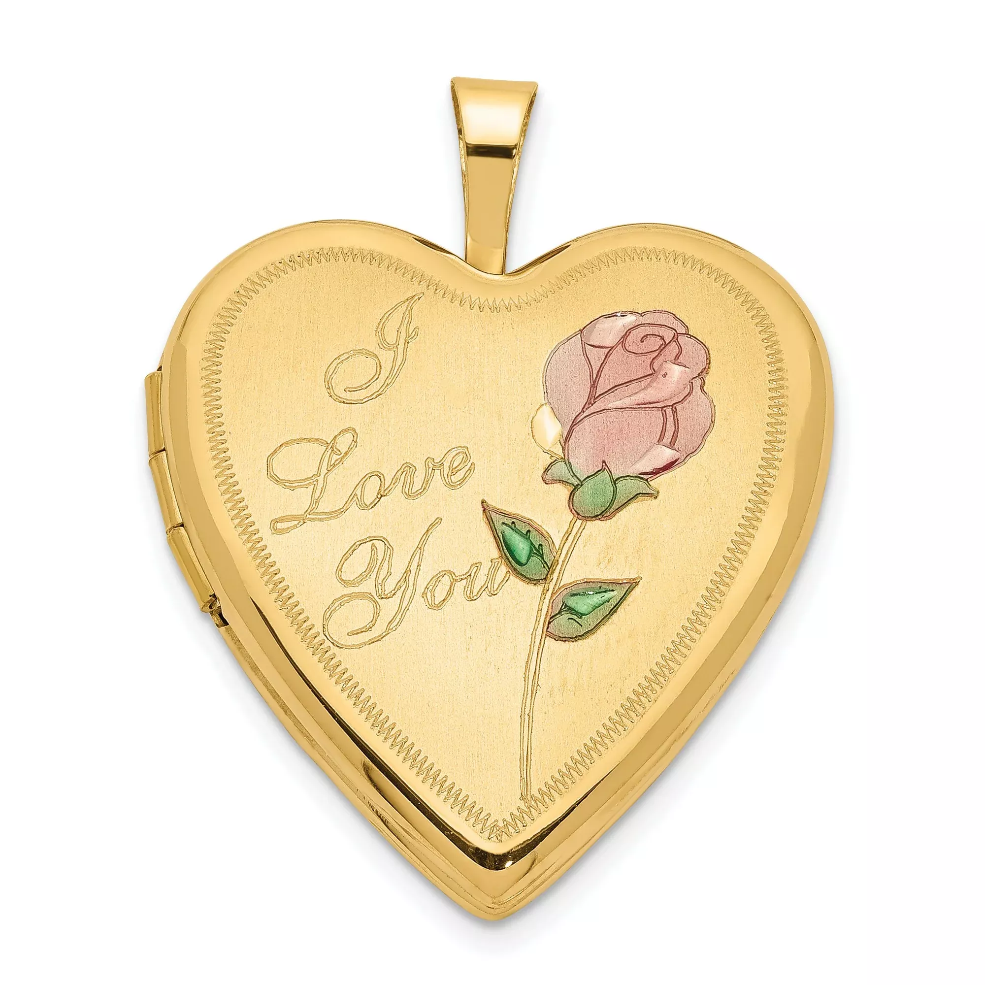 14k Yellow Gold Heart Locket Pendant with Rose and I Love You Message