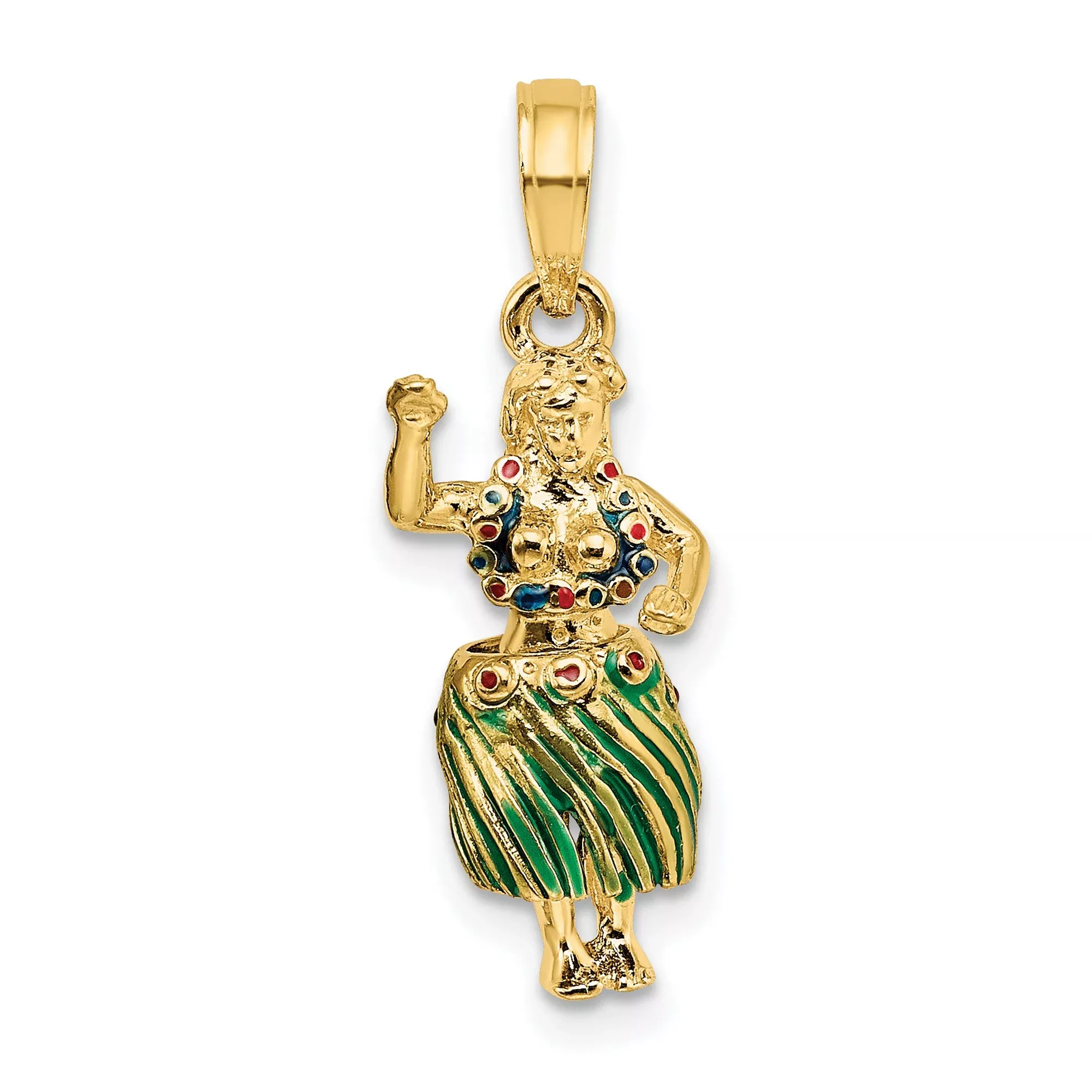 14k Yellow Gold Hula Dancer Pendant with Enamel Skirt and Lei, Hawaiian Theme Charm