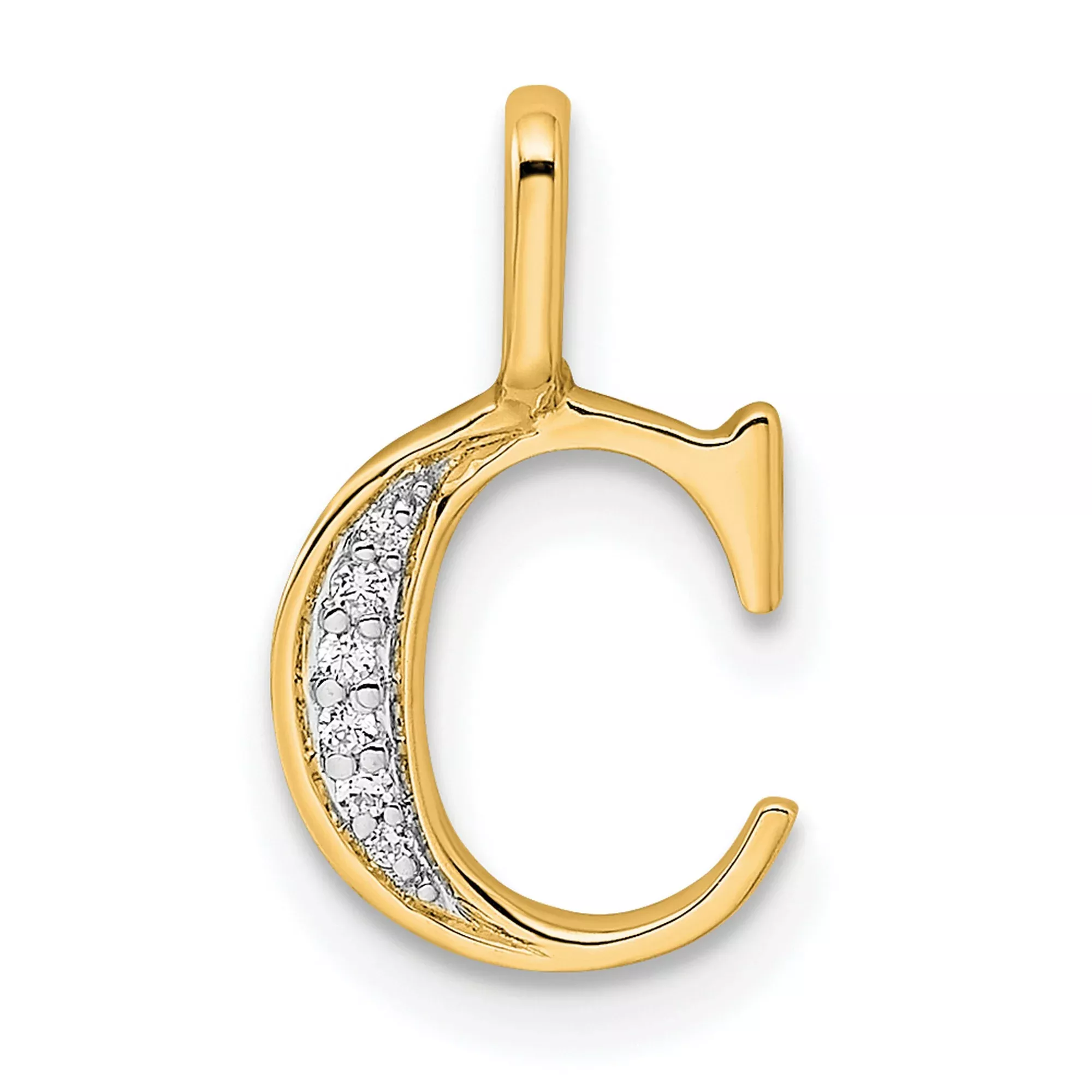 14k Yellow Gold Initial C Pendant with Diamond Accent, Polished Curved Letter Charm