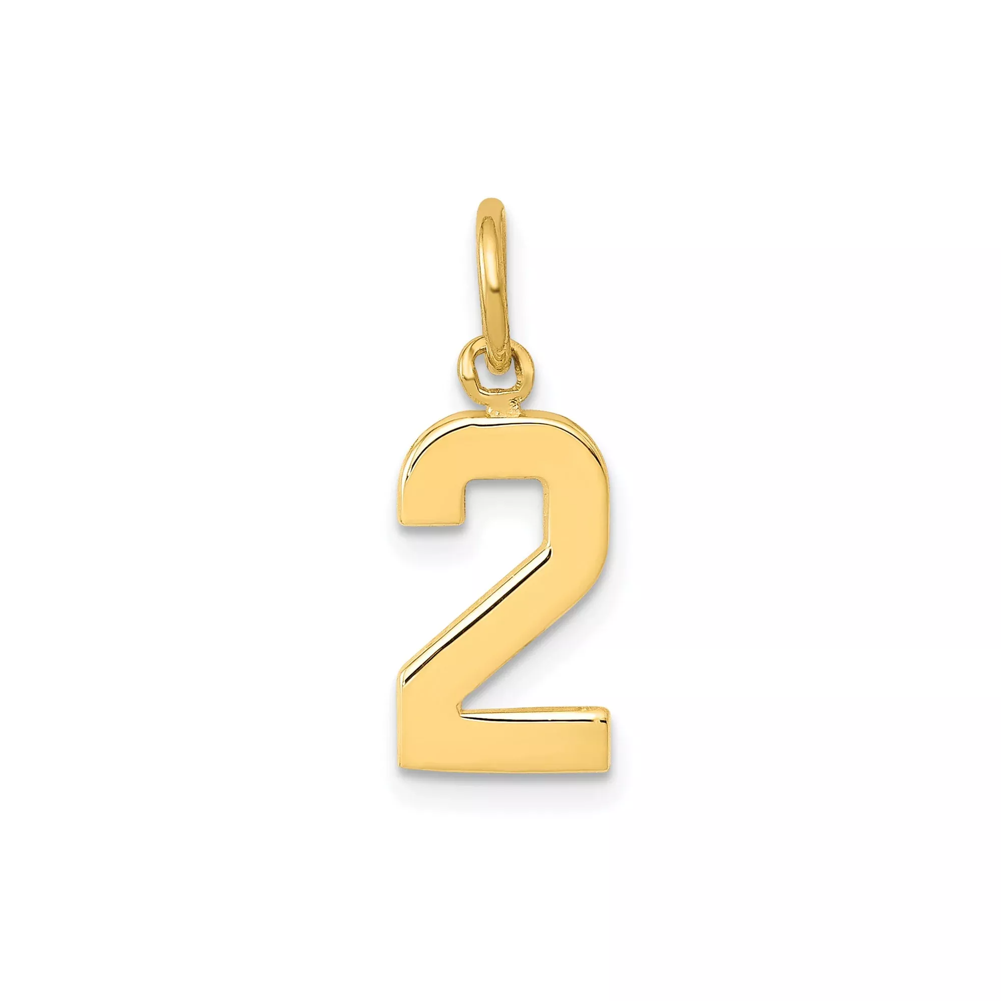 14k Yellow Gold Number 2 Pendant, Solid Polished Numeric Charm, Minimalist Unisex Jewelry