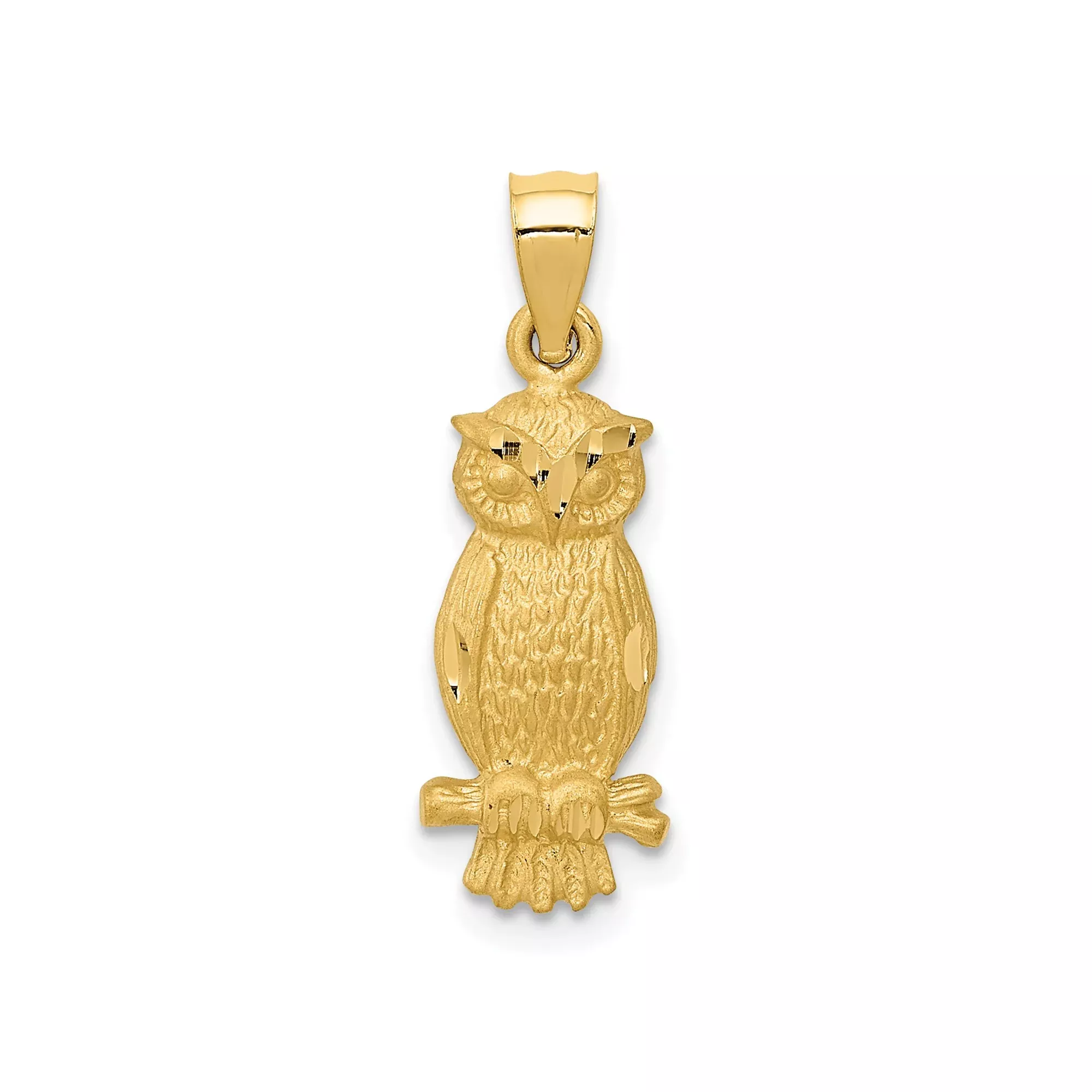 14k Yellow Gold Owl Pendant with Textured Design on Tree Branch, Symbol of Wisdom and Knowledge